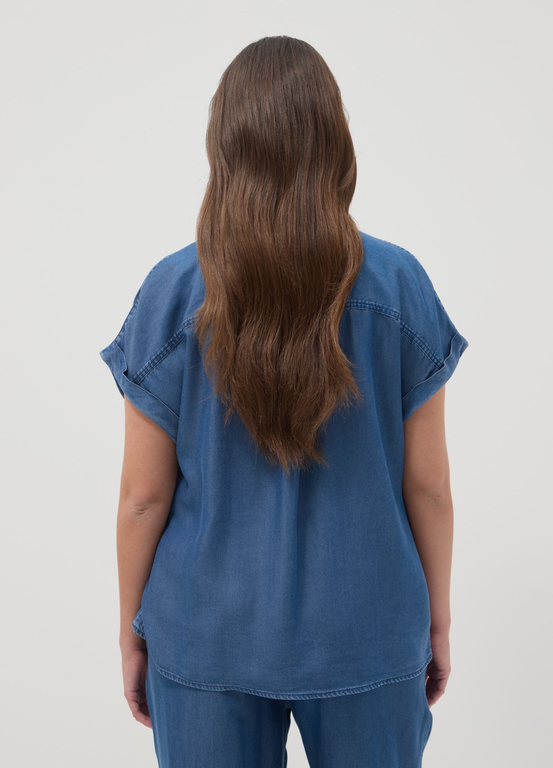 Pure Blue Lyocell Blouse Regular Fit with Mandarin Collar