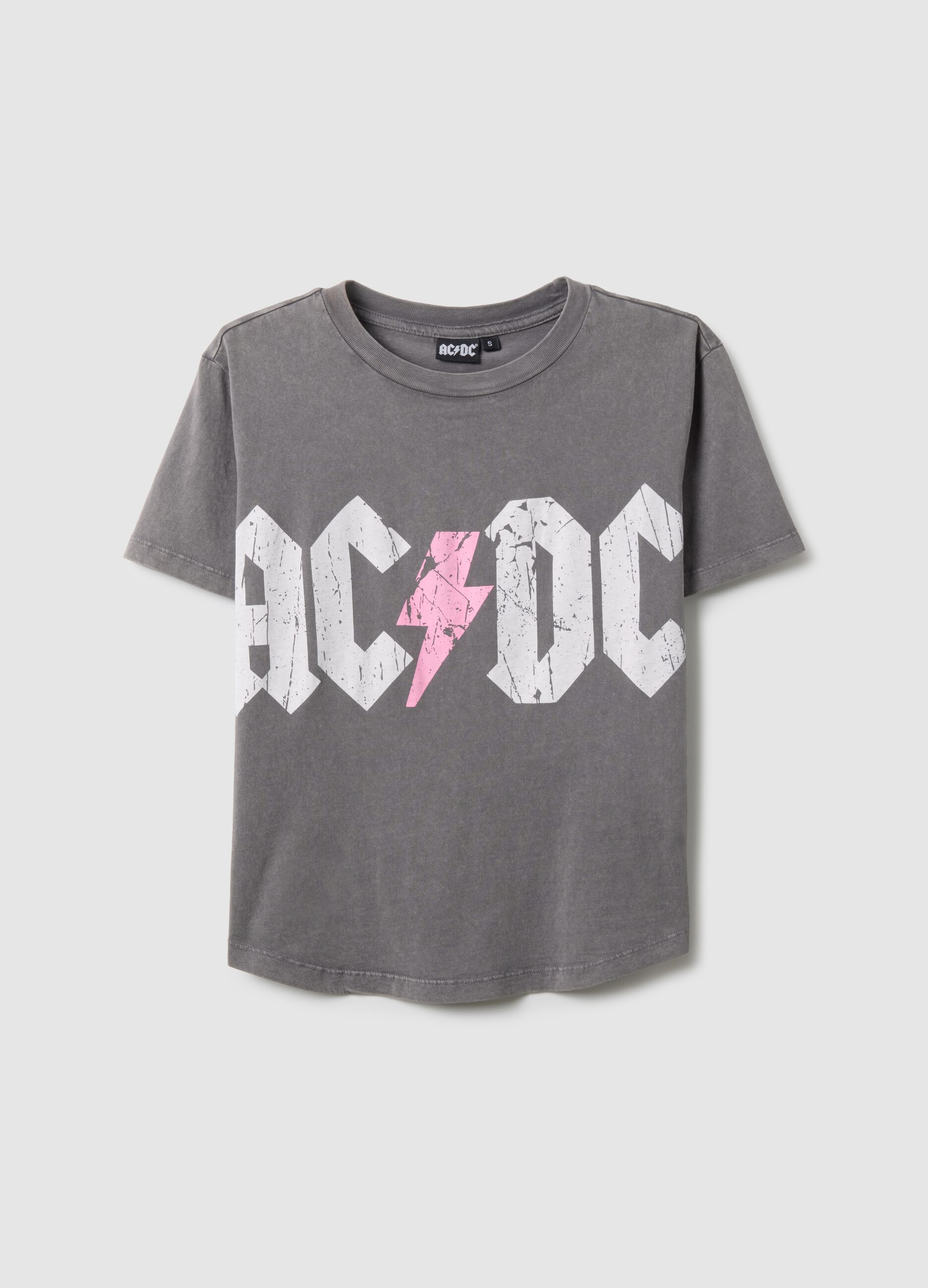 Grey pure cotton regular fit T-shirt with AC/DC print
