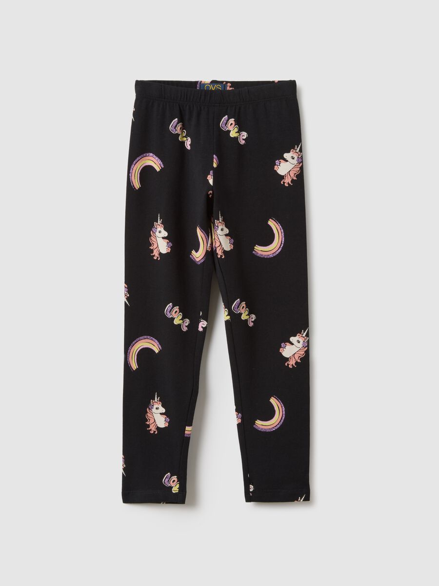 Girls' Black Stretch Cotton Skinny Fit Leggings with Prints_0