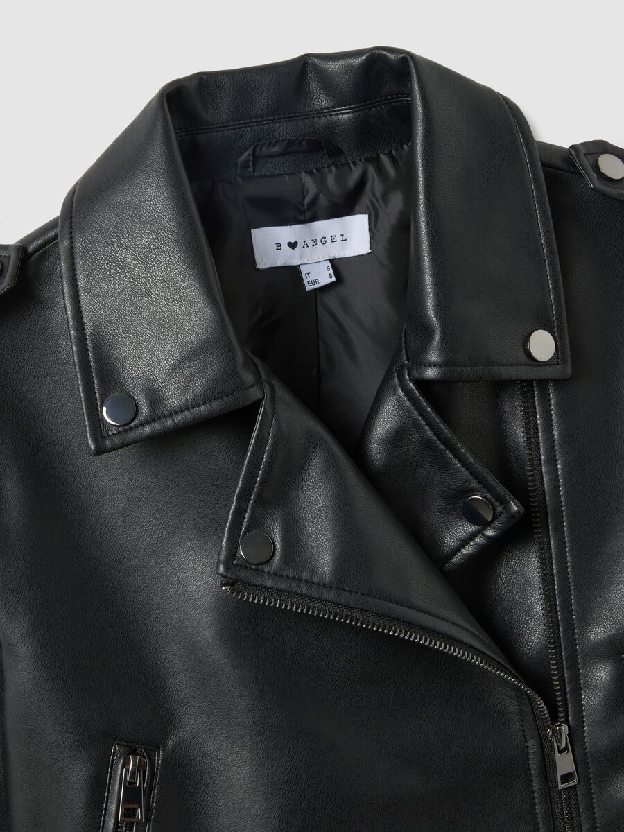 Black biker jacket regular fit with metallic details and diagonal zip_6