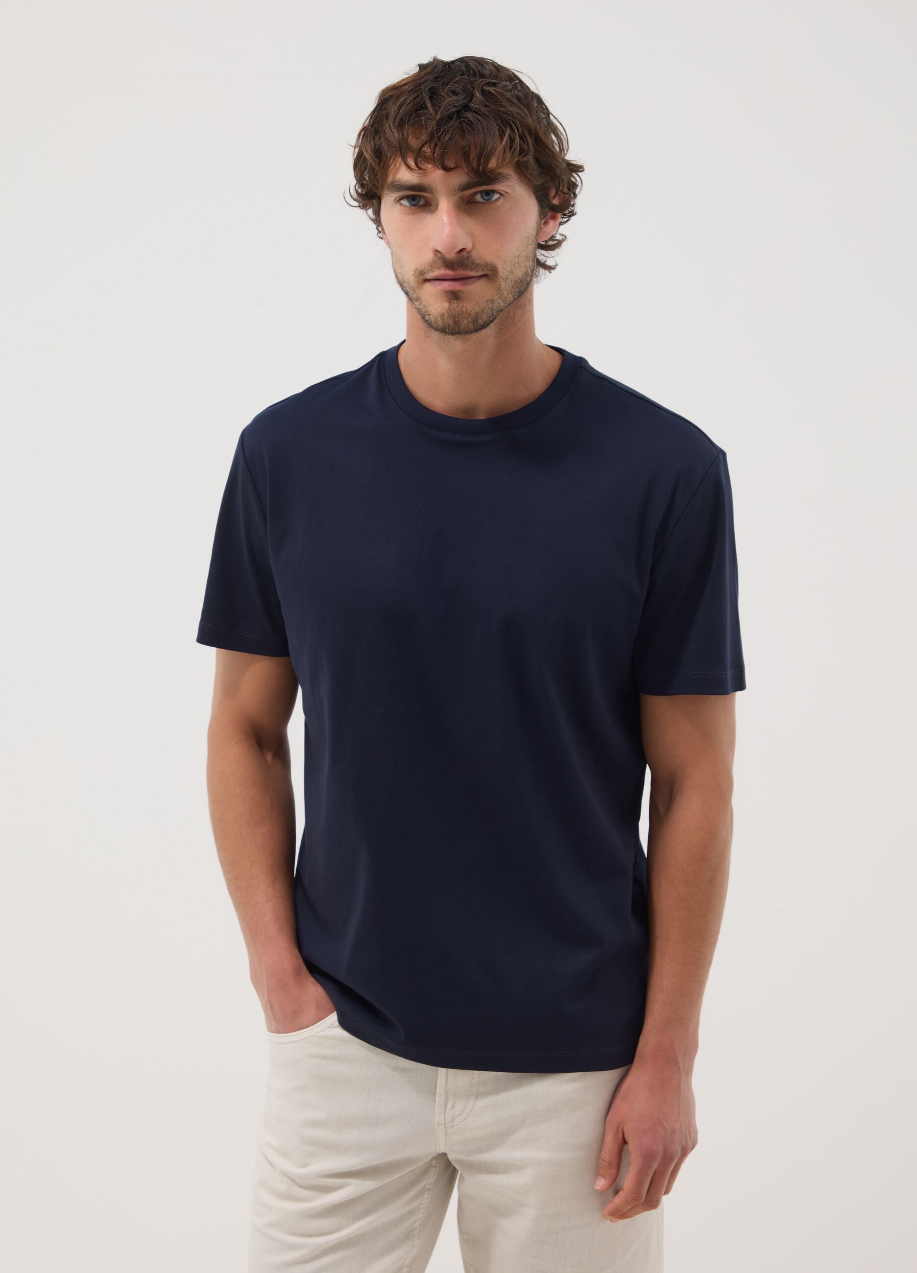 Blue slim-fit mercerised pure cotton T-shirt