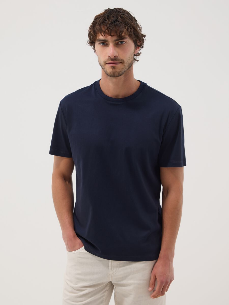 Blue slim-fit mercerised pure cotton T-shirt_0