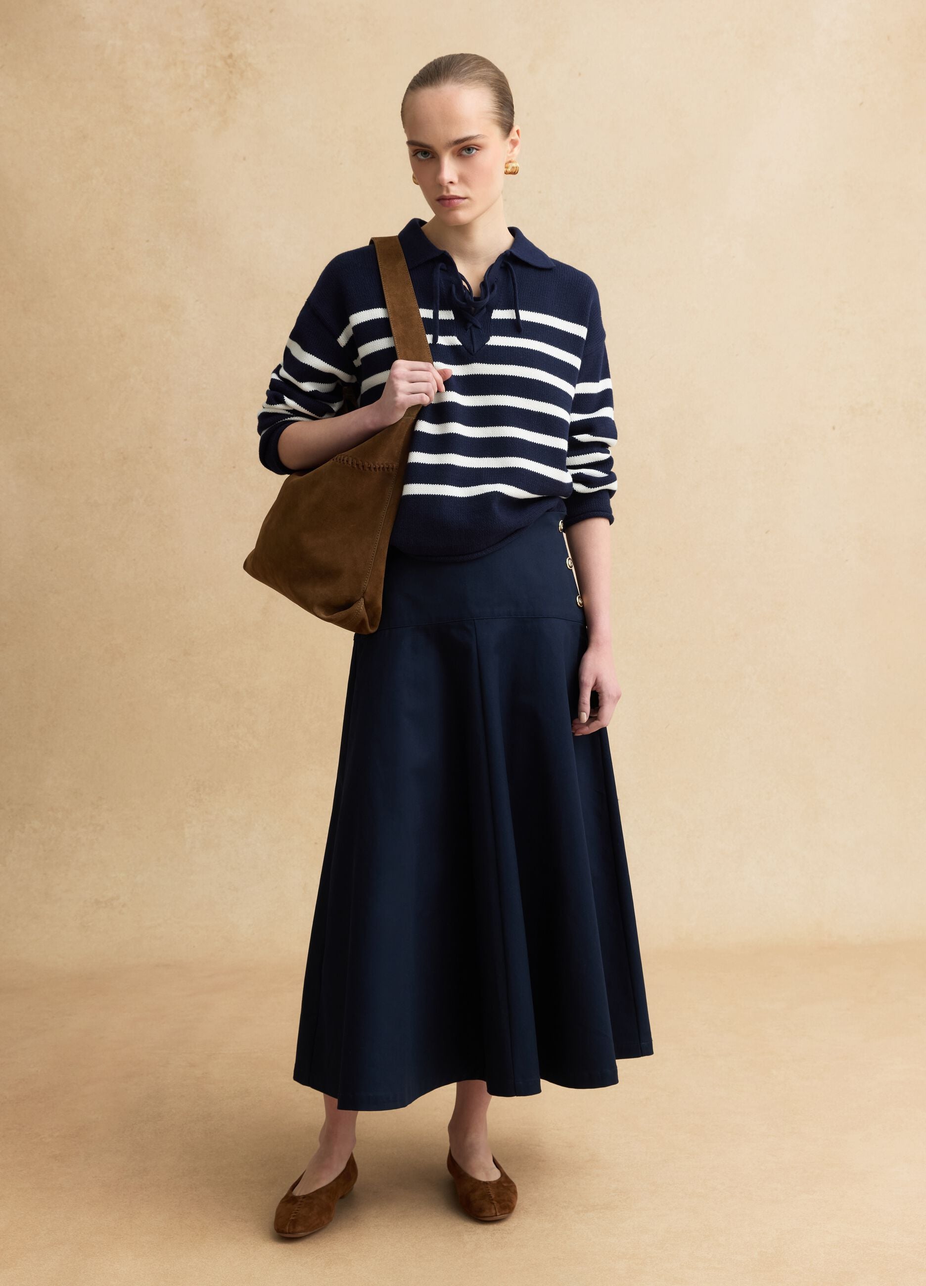 Multi-coloured striped pure cotton sweater, regular fit, deep V