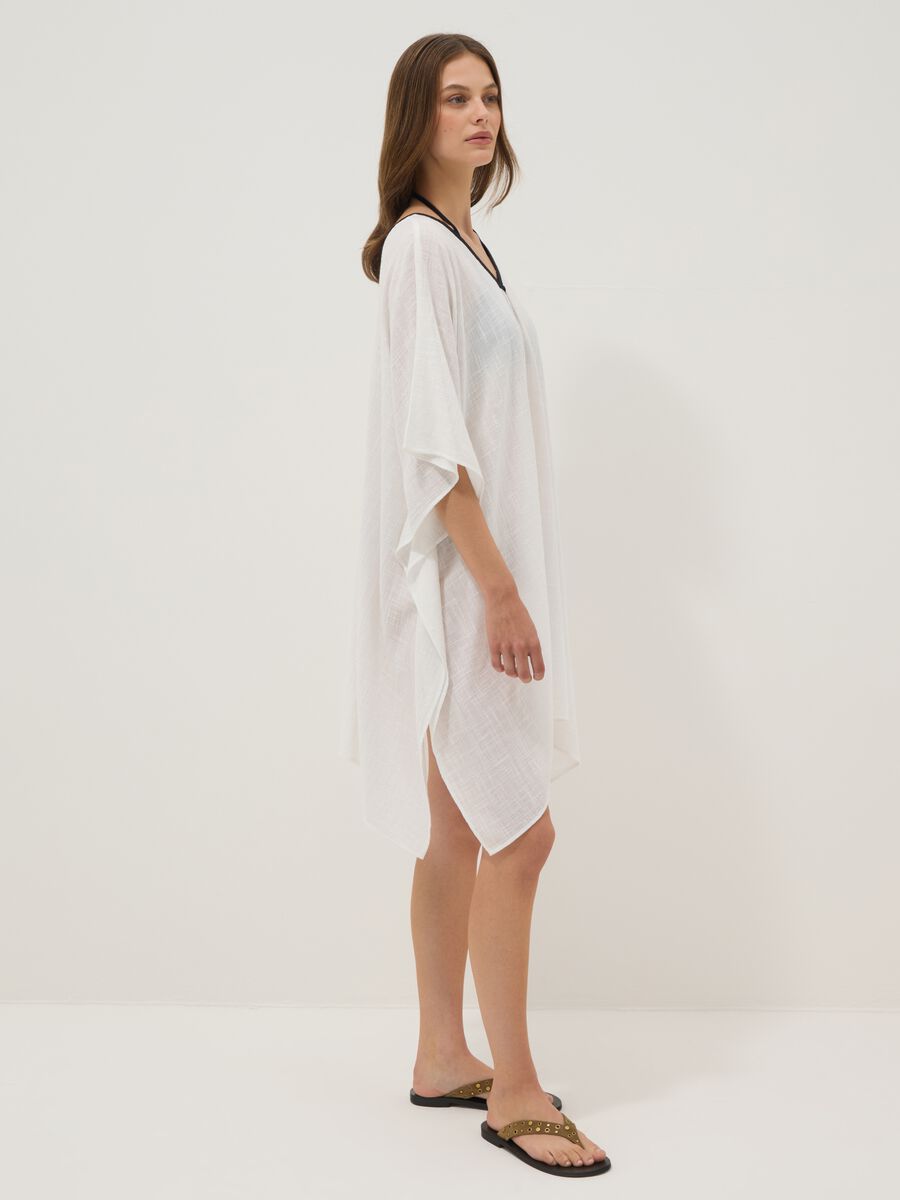 White cotton-viscose blend V-neck kaftan_1