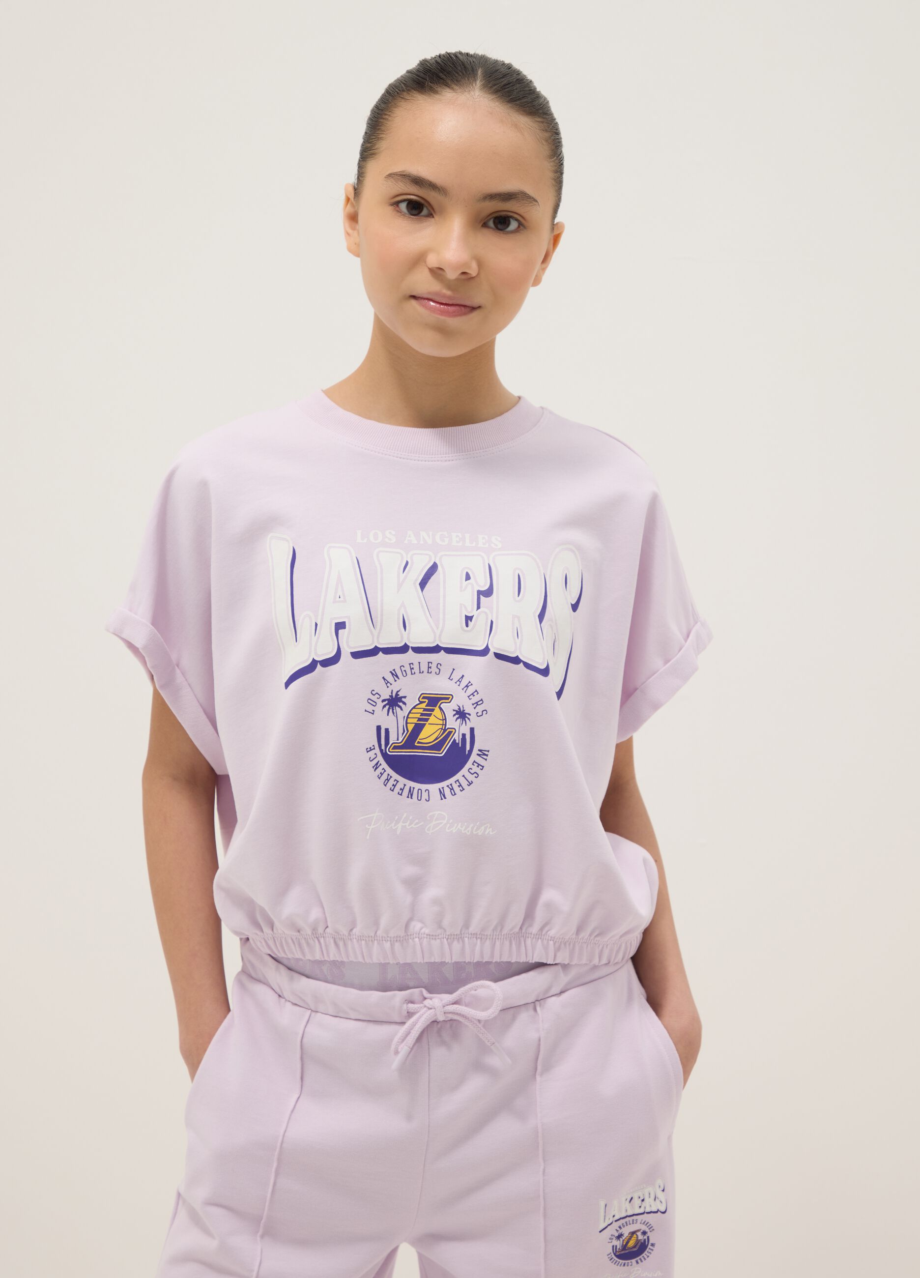 Girls&rsquo; purple stretch cotton Lakers print jogging set &ndash; regular fit