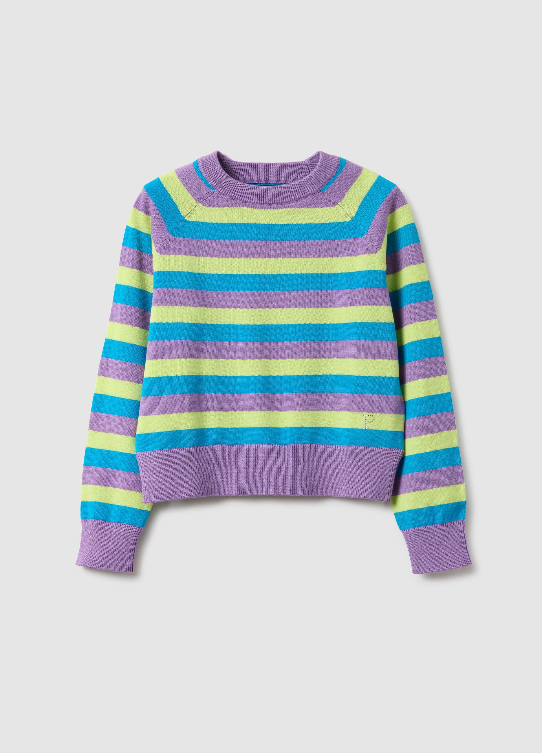 Girl's multicolour striped pure cotton pullover, regular fit
