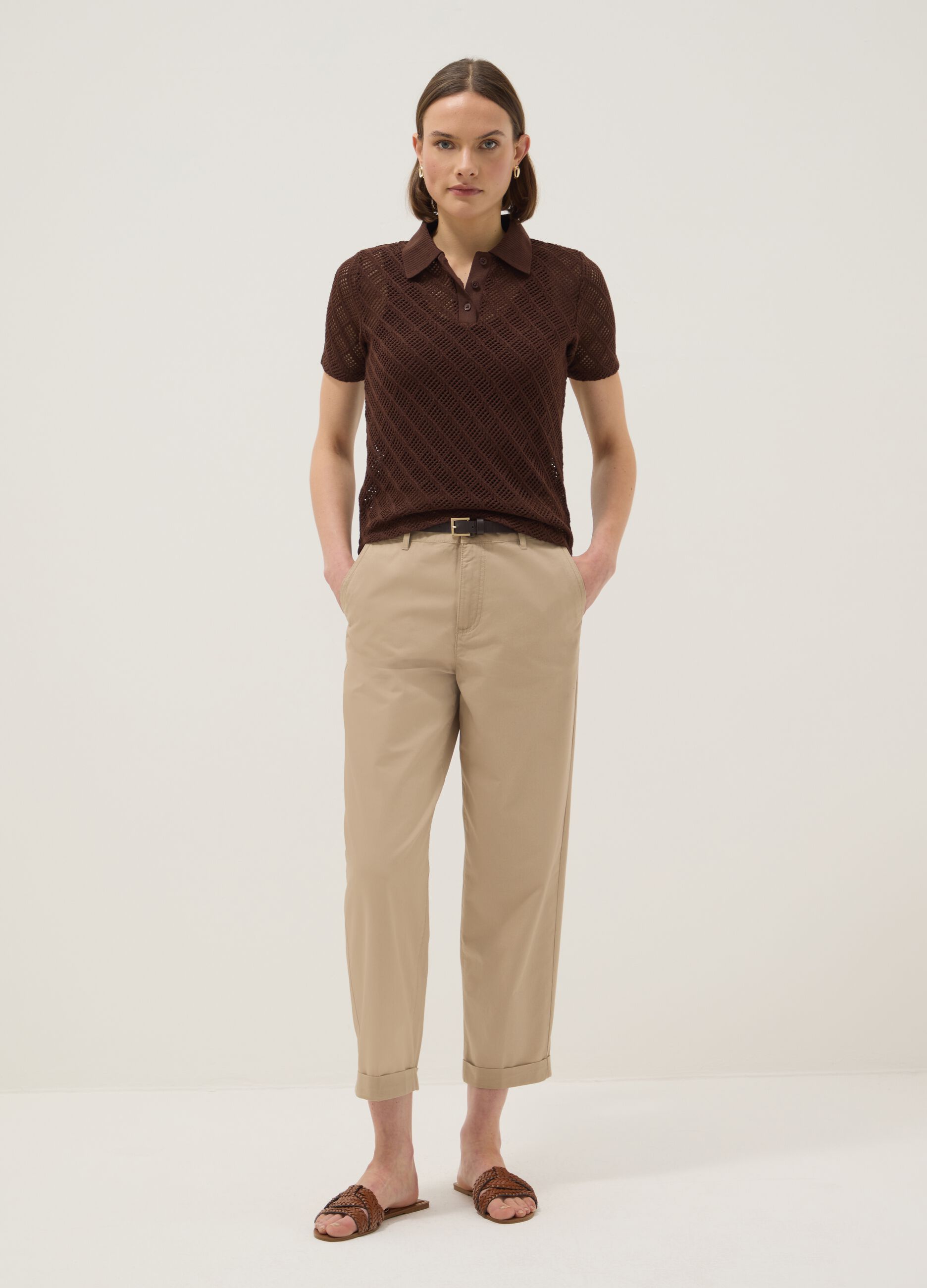 Brown regular fit short sleeve polo with mesh texture
