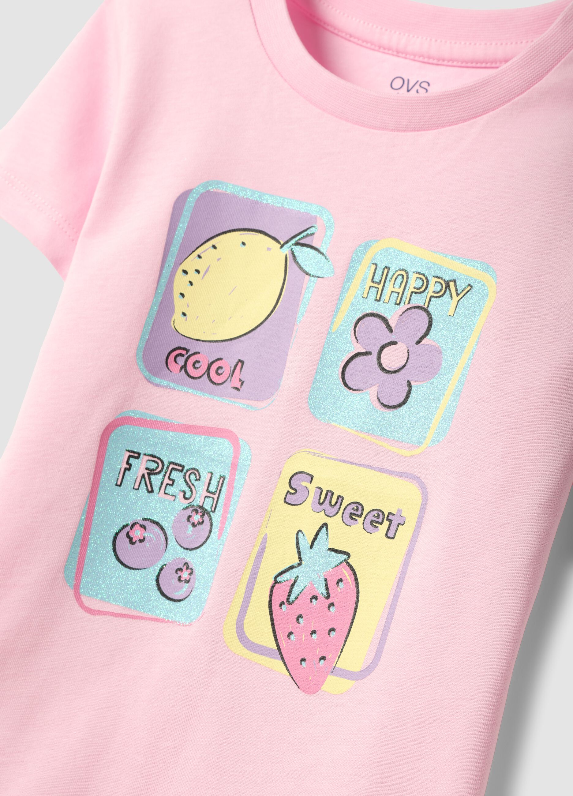 Girls' regular fit pink pure cotton T-shirt with fruit