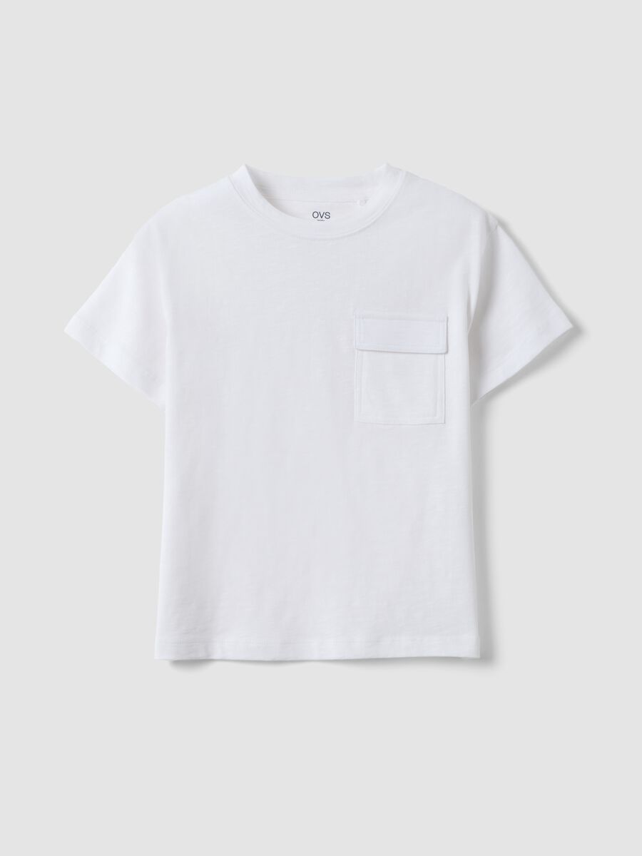 White pure cotton children's T-shirt, regular fit with pocket_0