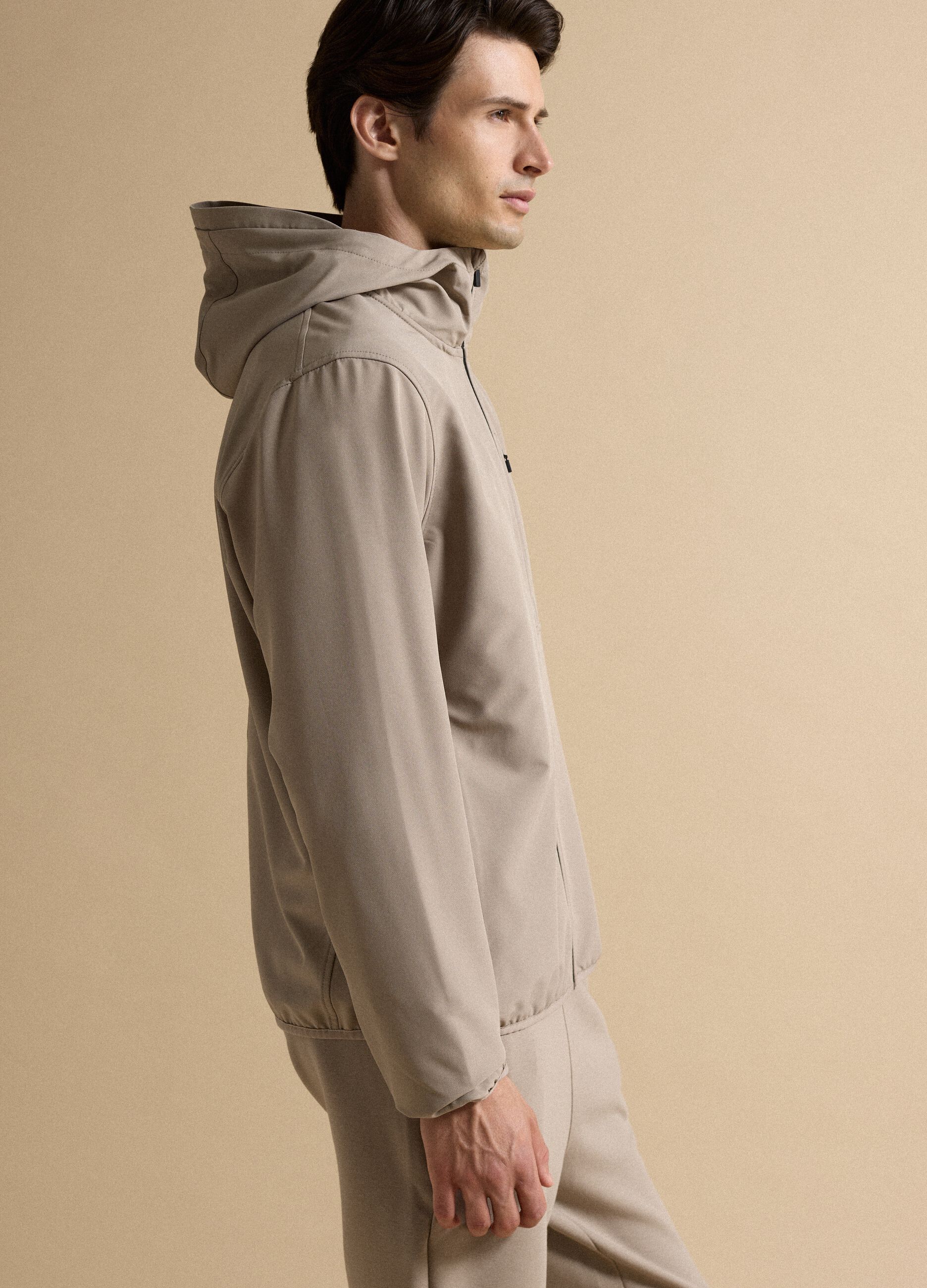 Beige hooded jacket in stretch fabric, regular fit