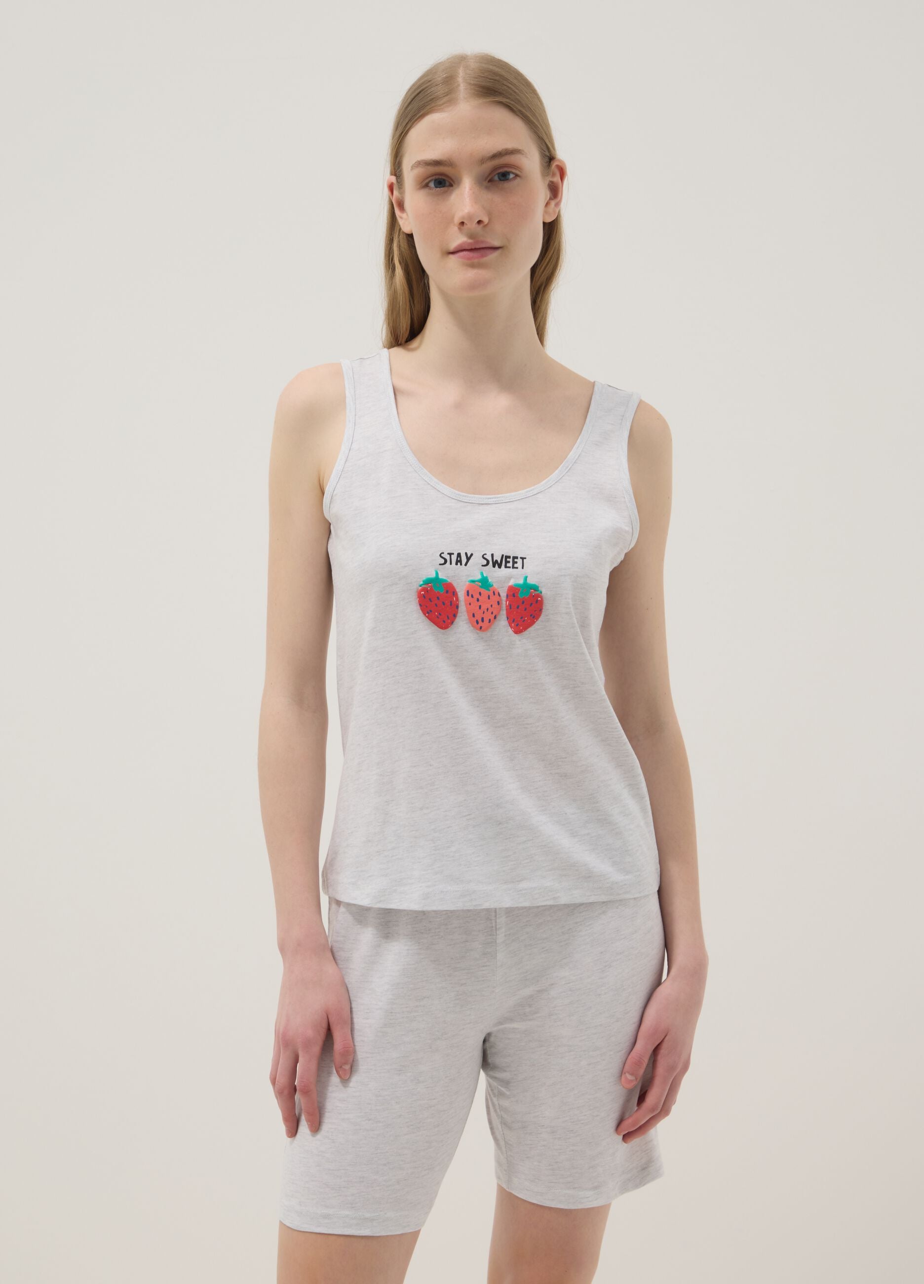 Grey stretch cotton pyjama regular fit with strawberries