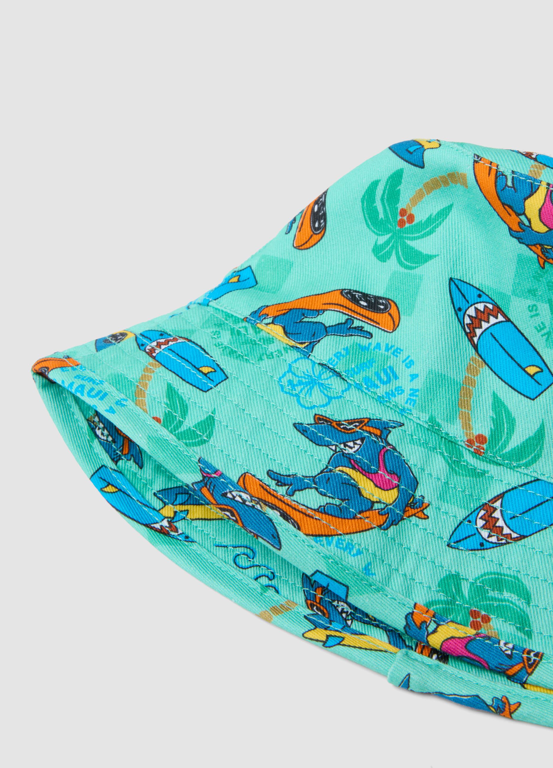 Children's light blue pure cotton hat with prints