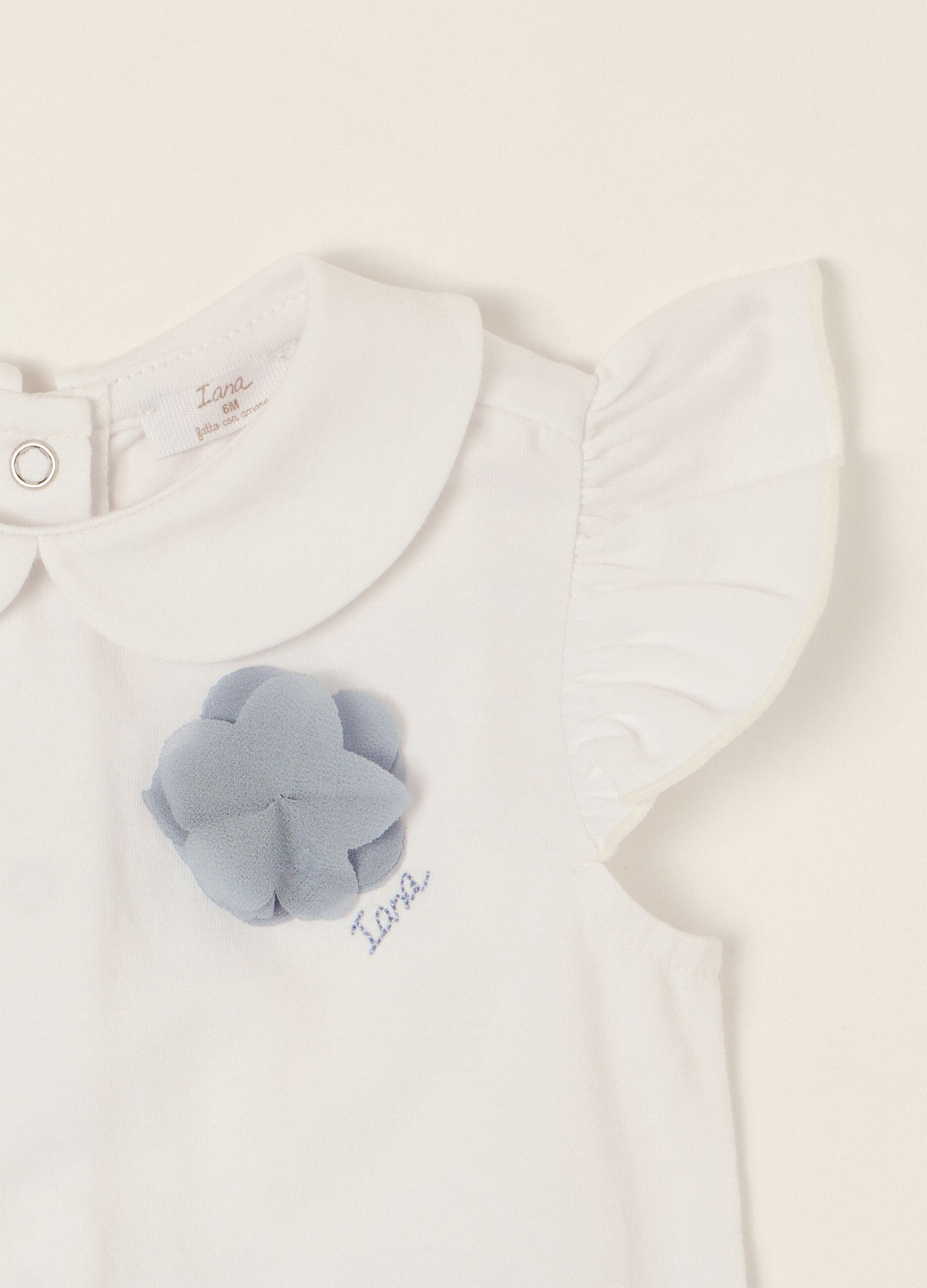 White and light blue stretch cotton baby girl romper