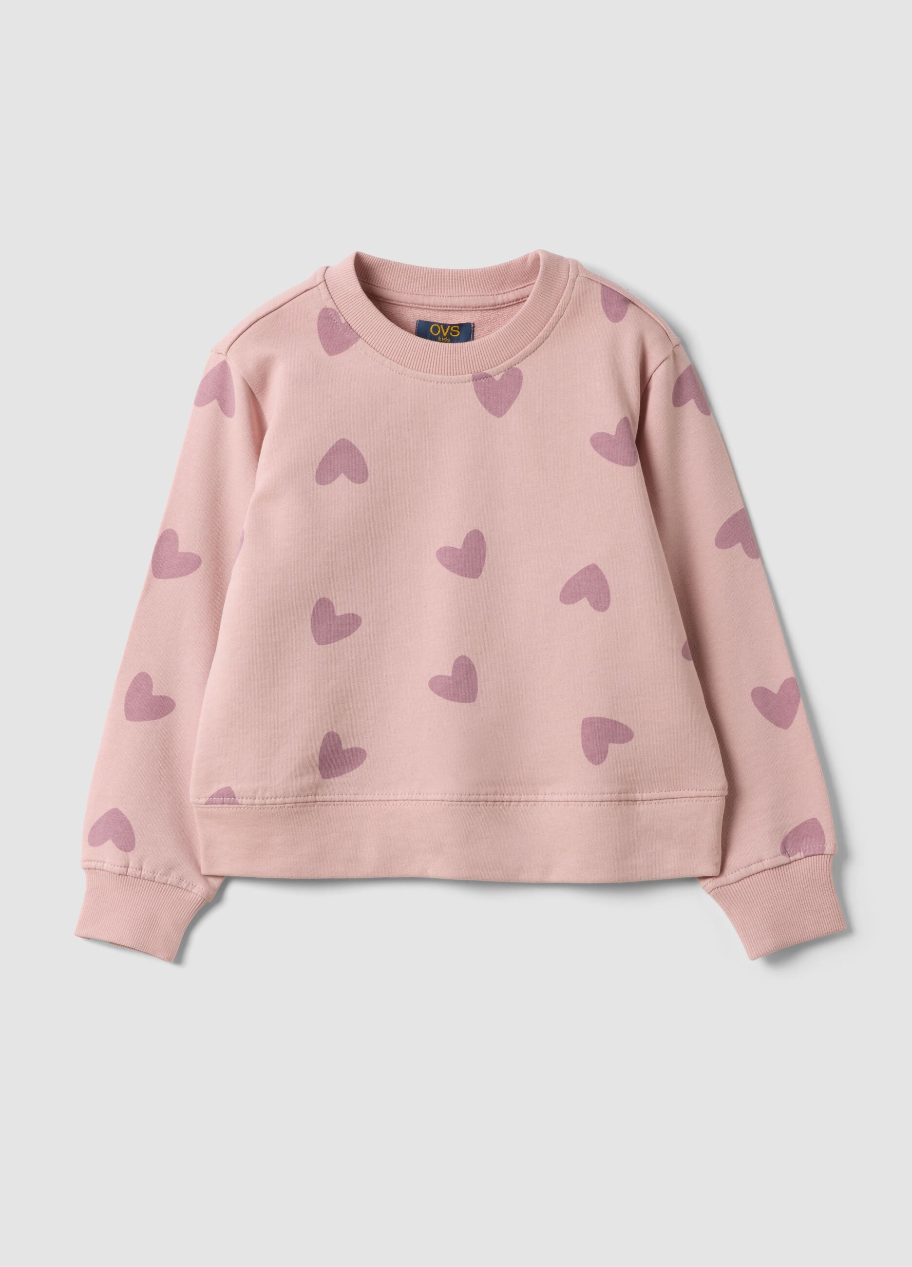 Pink pure cotton sweatshirt with heart print and crew neck for girls