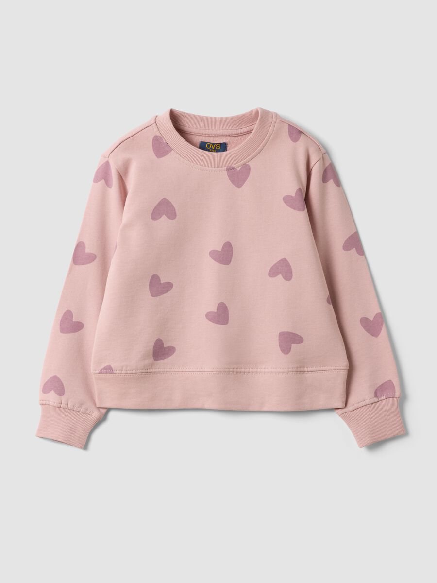 Felpa rosa in puro cotone con stampa cuori e girocollo per bambina_0