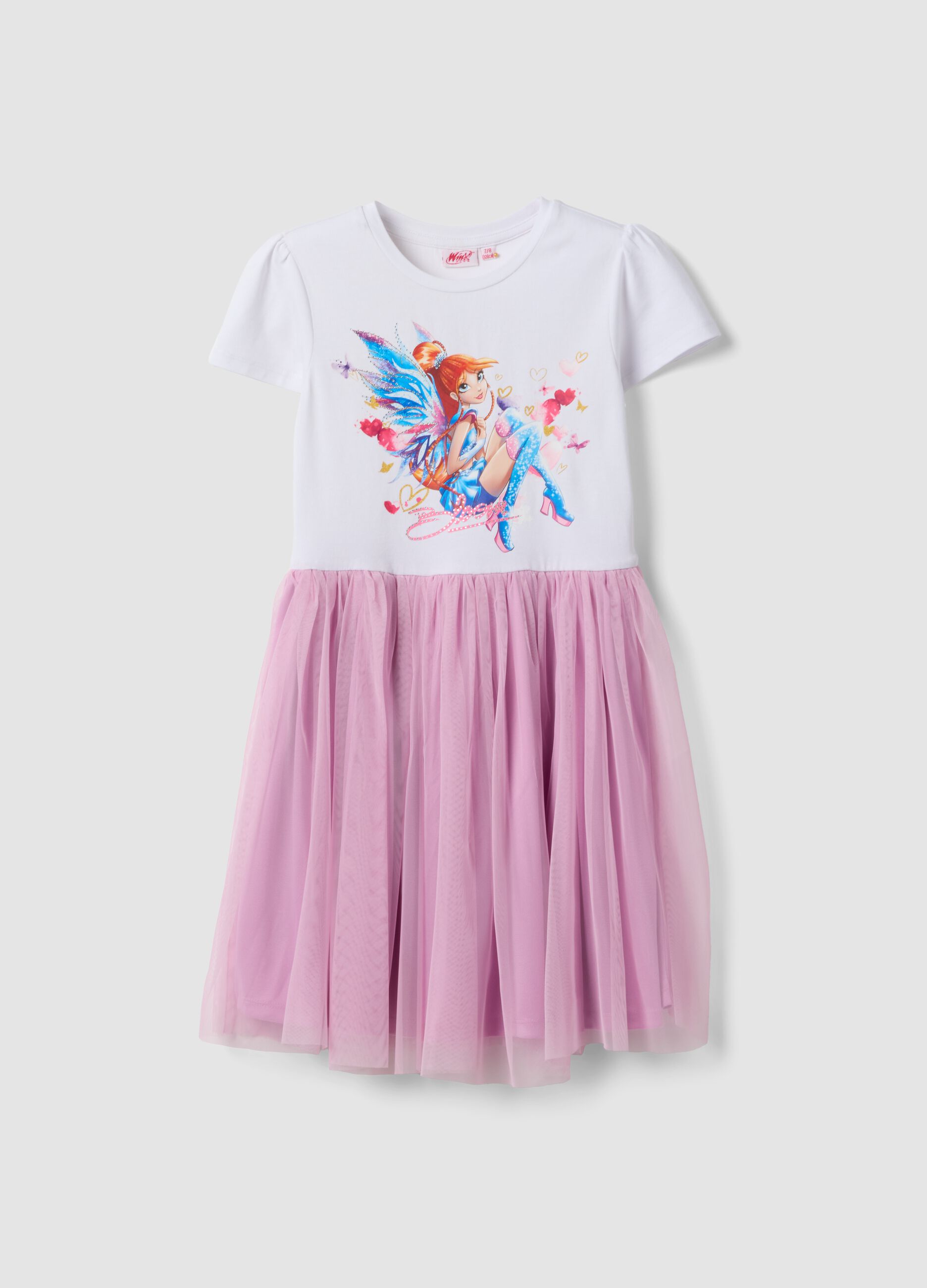 Pink and white stretch-cotton mini dress with tulle skirt for girls, regular fit