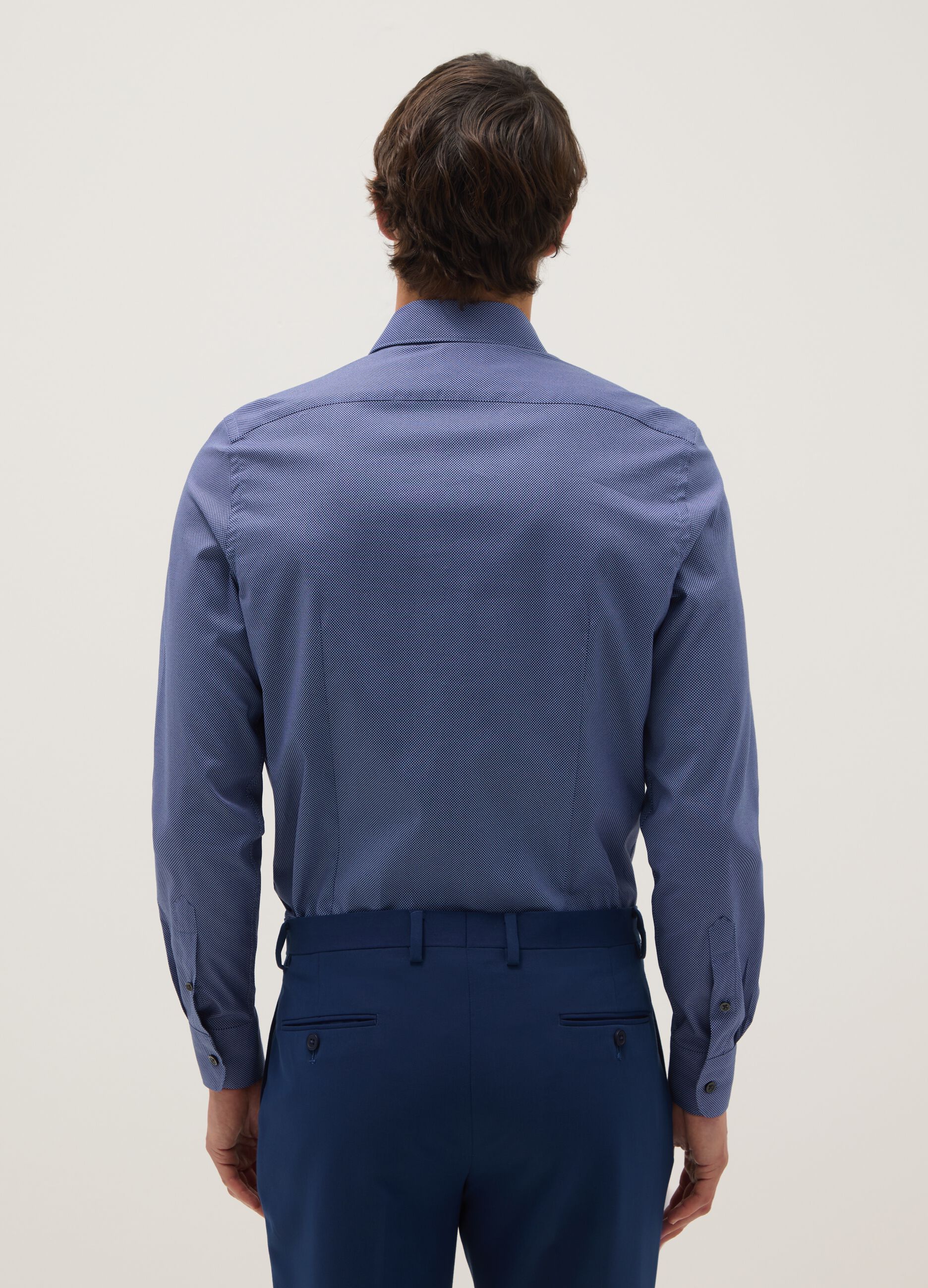 Blue stretch cotton shirt with micro checks, slim fit