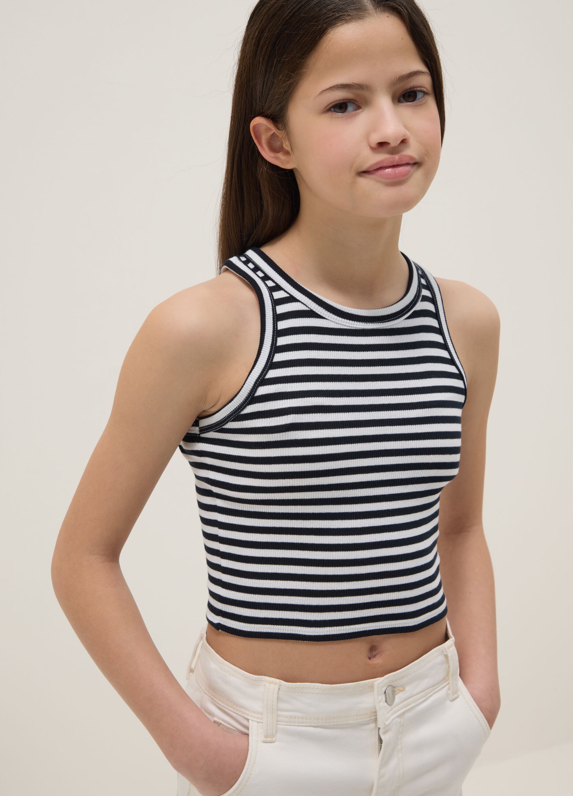 Girls' fitted multicolour striped stretch cotton vest