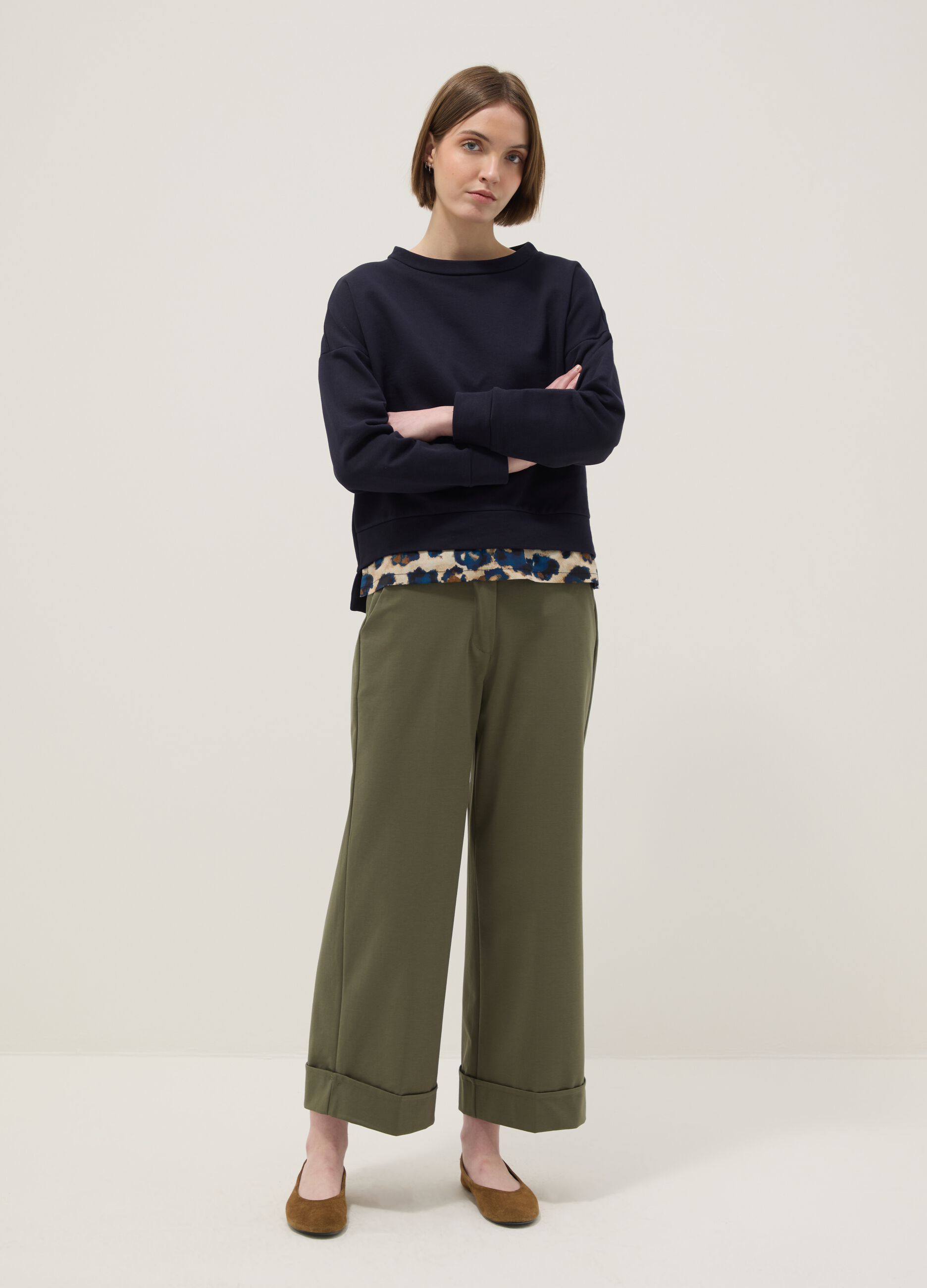 Green stretchy cotton blend wide leg trousers regular fit