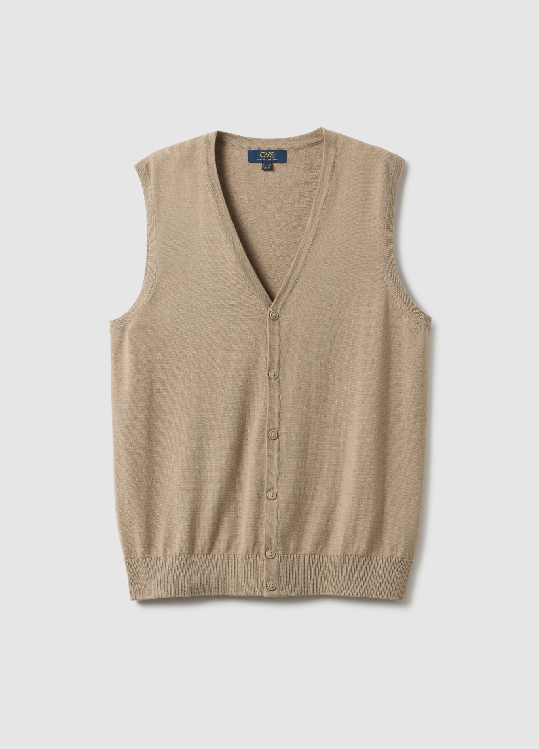 Beige deep V cotton-blend waistcoat with regular fit and buttons
