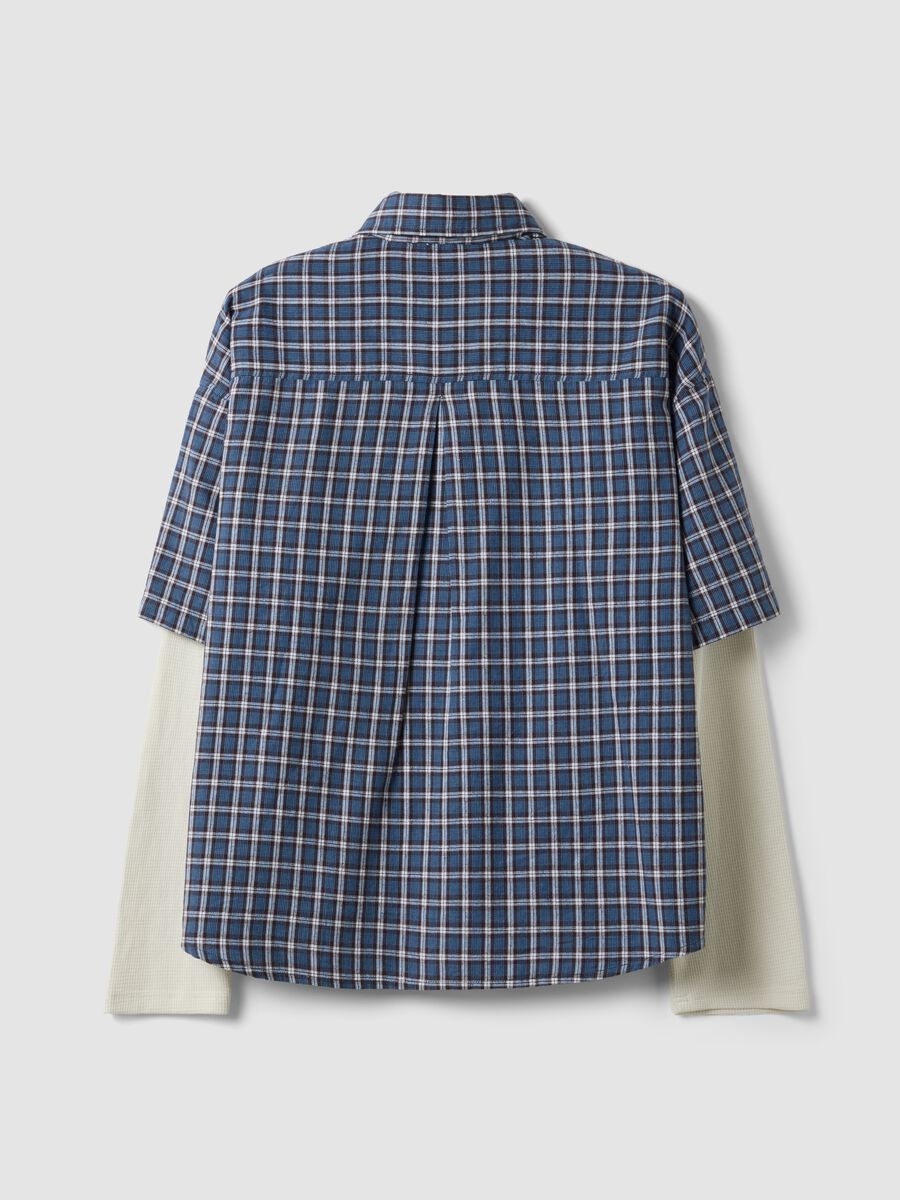 Camicia cropped blu a quadri in puro cotone con maniche doppie over fit_2