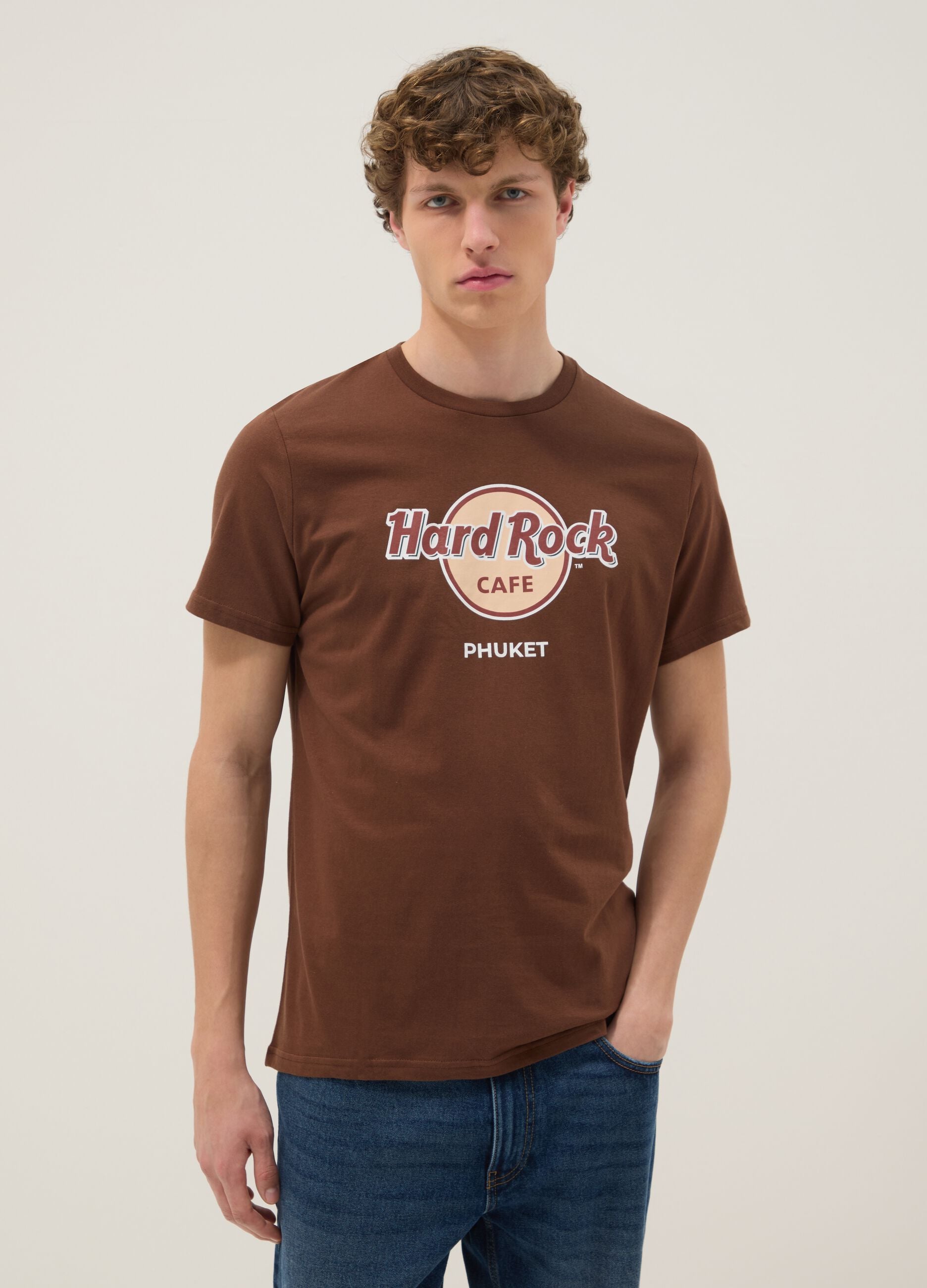 Brown pure cotton Hard Rock Cafe print T-shirt, regular fit