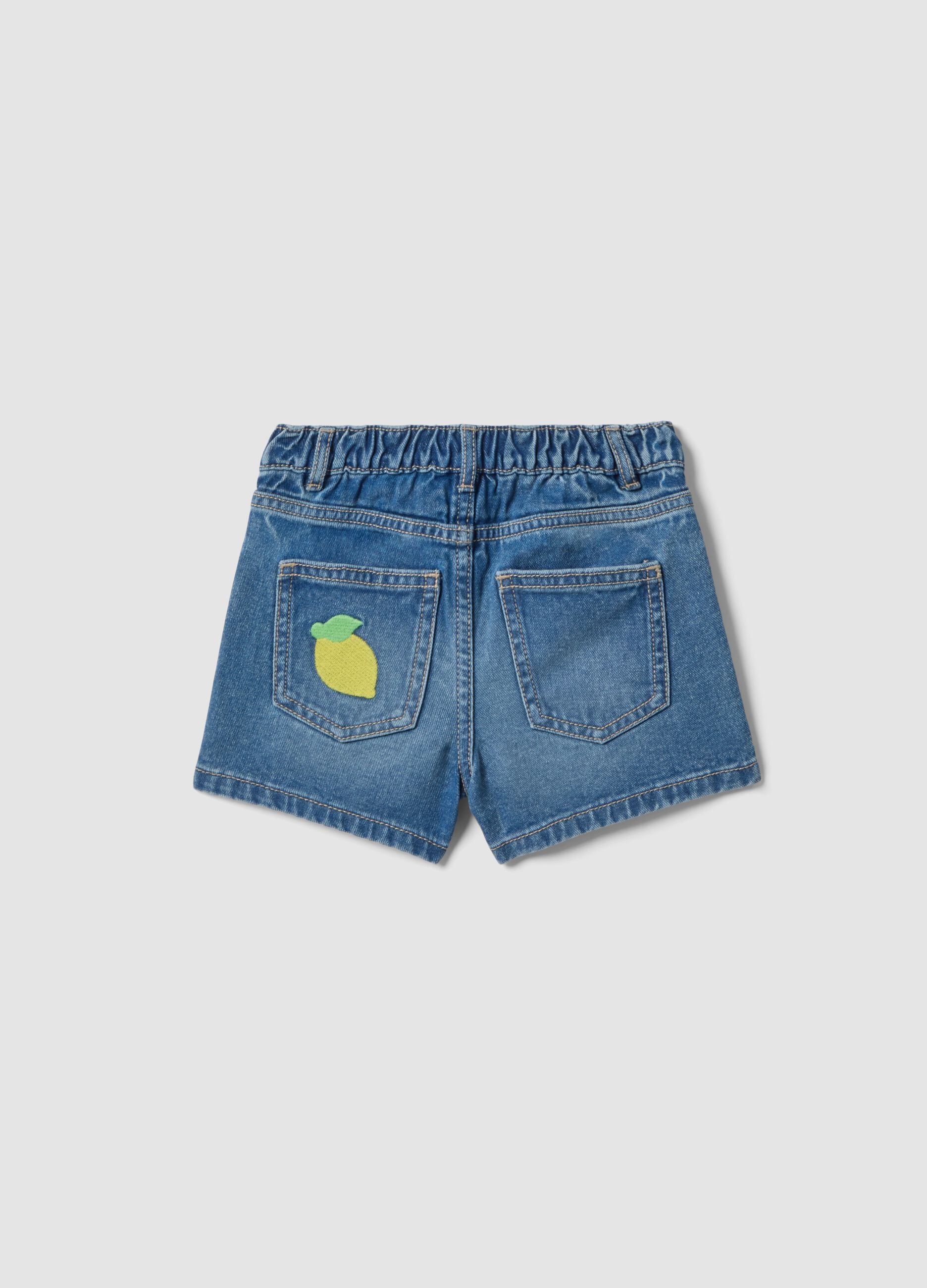 Blue pure cotton girls&rsquo; denim shorts, wide leg with embroidery