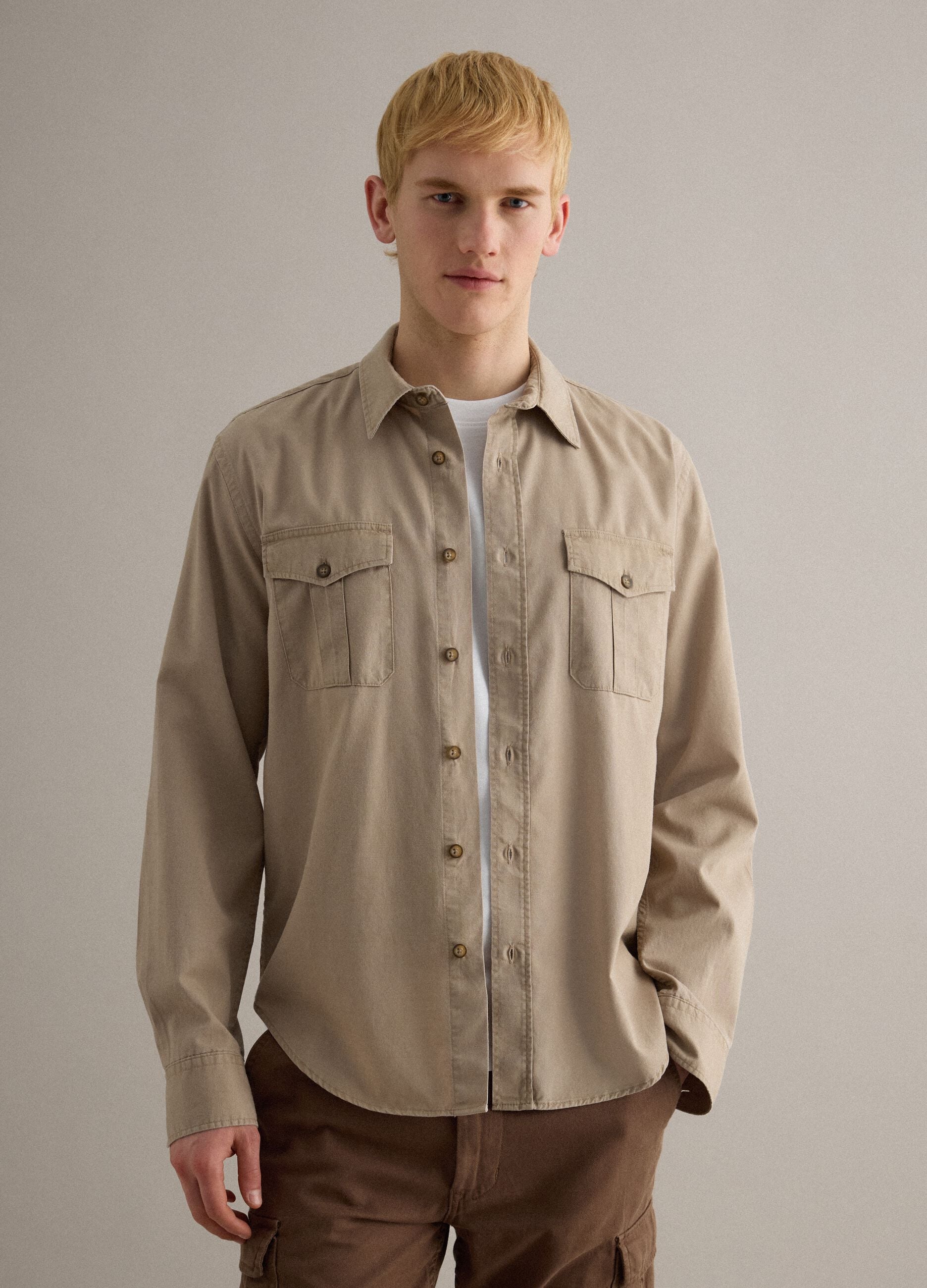 Beige oversized long sleeve shirt in Lyocell and cotton
