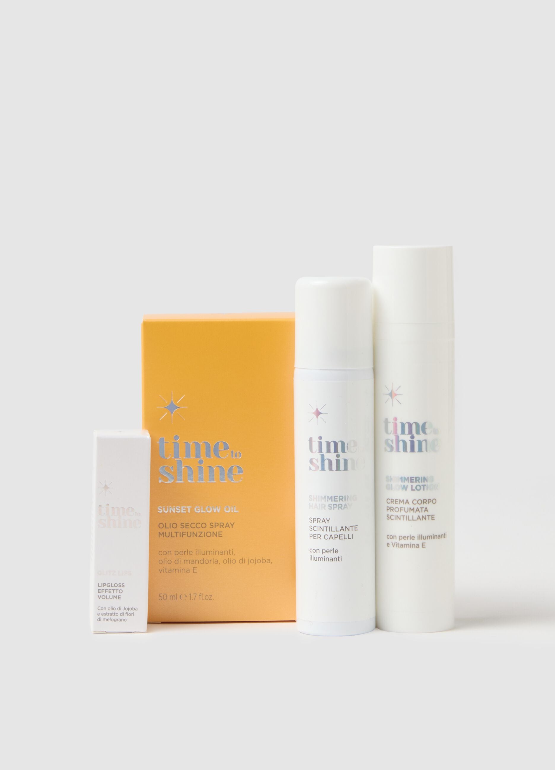 TIME TO SHINE SUPER SPARKLING SET x5 (sunset oil + hair spray + b.lotion + pouch + glitz lips)