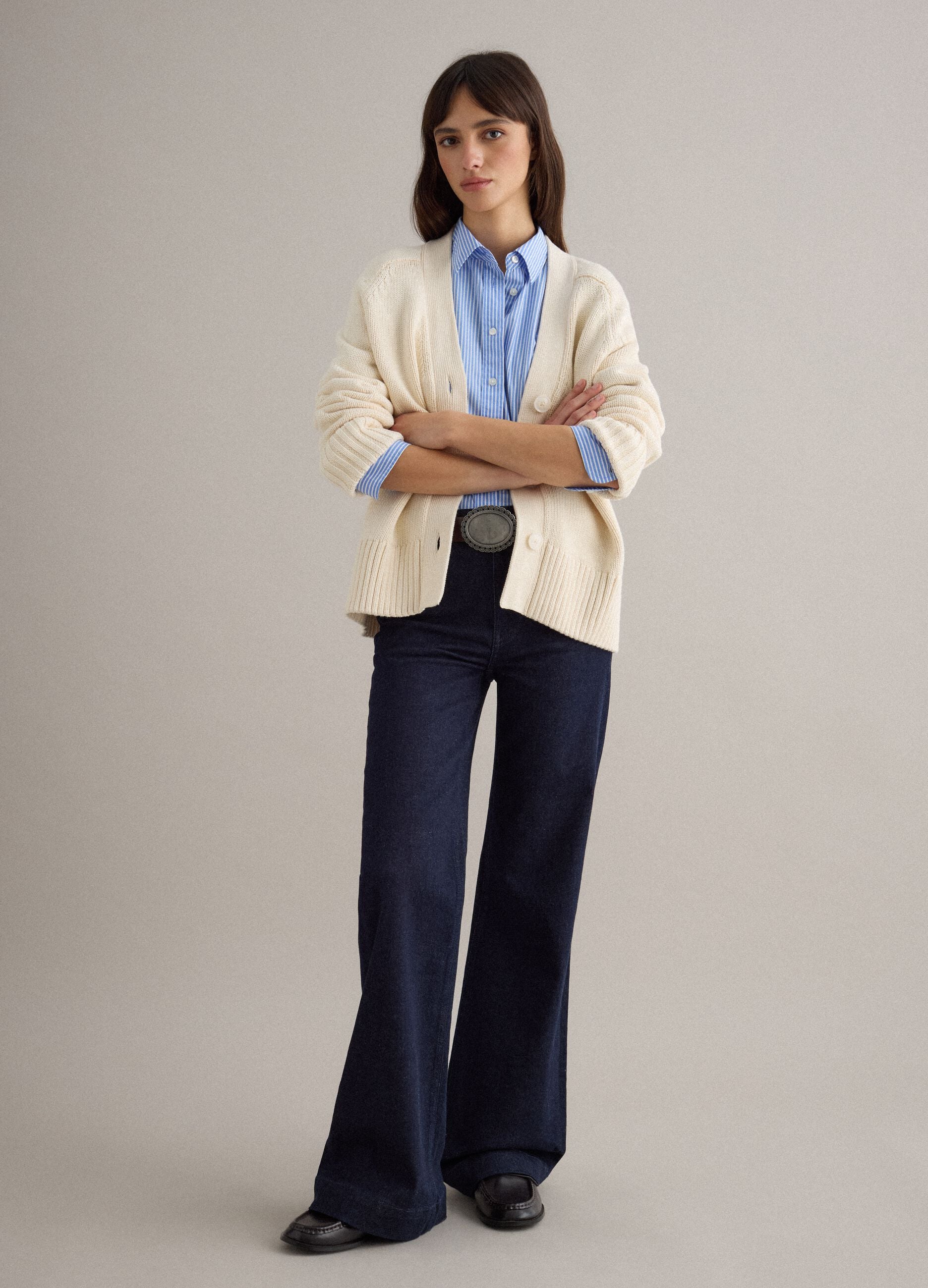 Beige cardigan in pure cotton oversized fit with deep V-neck
