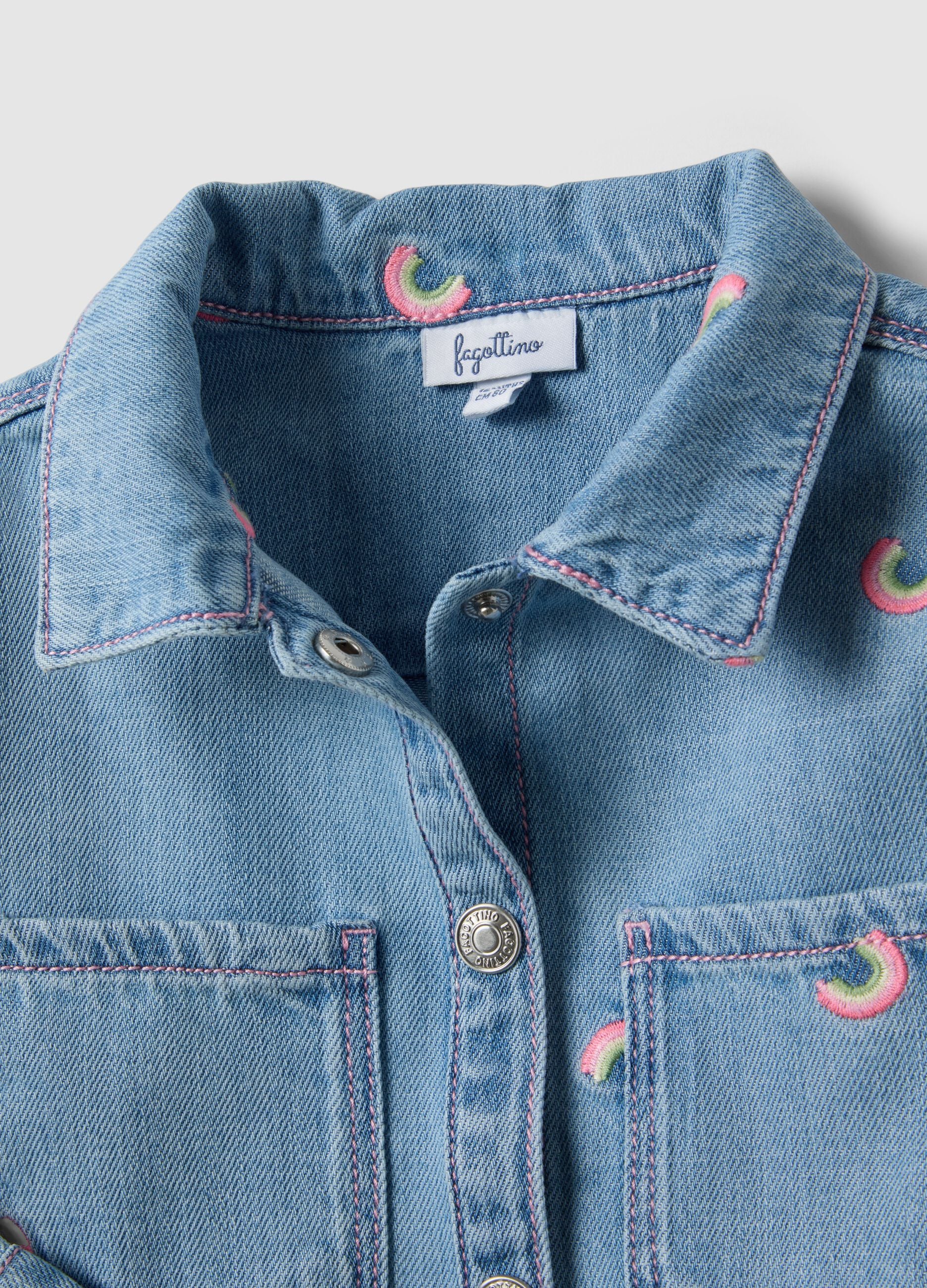 Girls' light blue denim blend shirt with rainbow embroidery