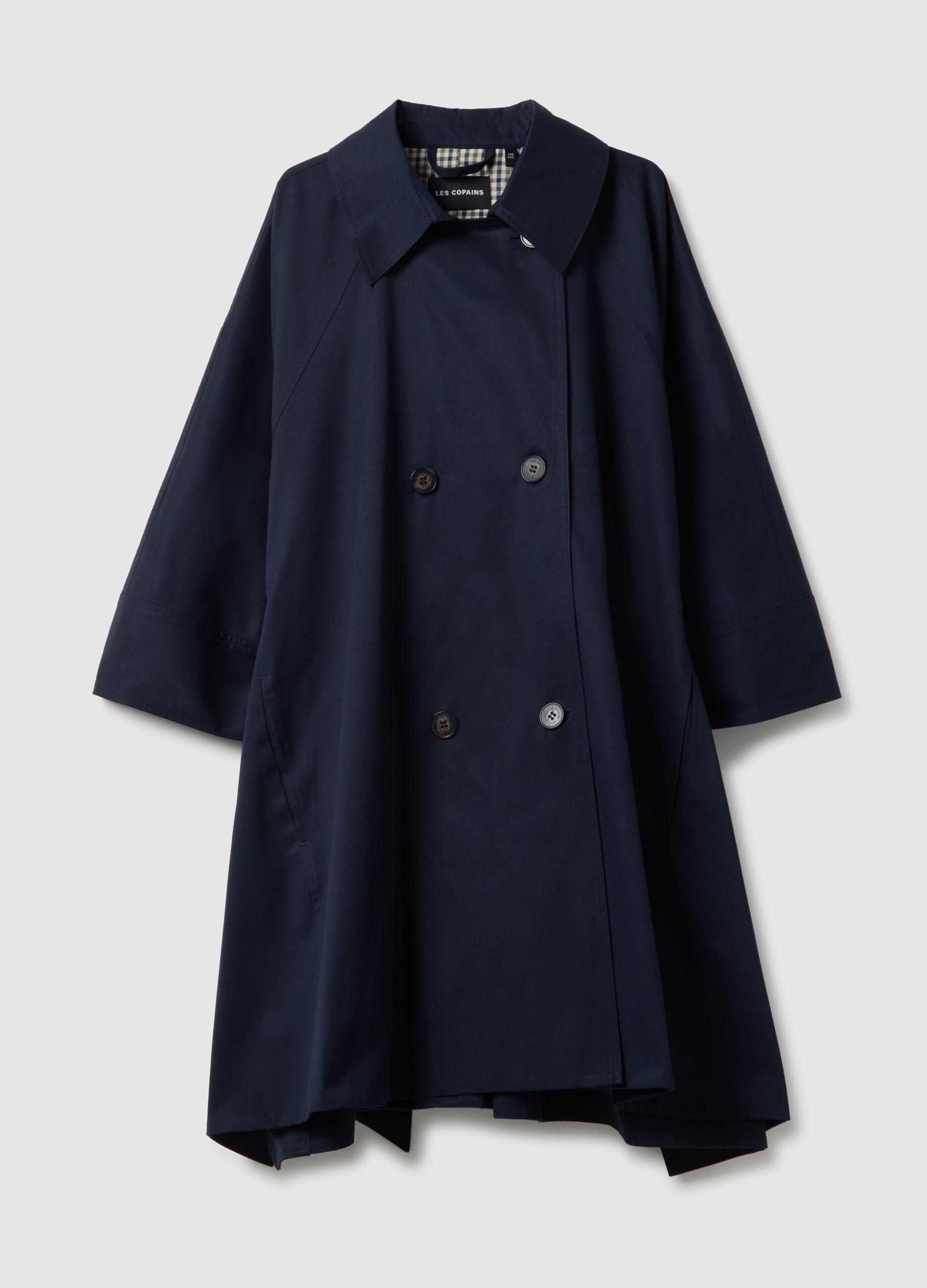 Long blue cotton blend coat with oversized fit
