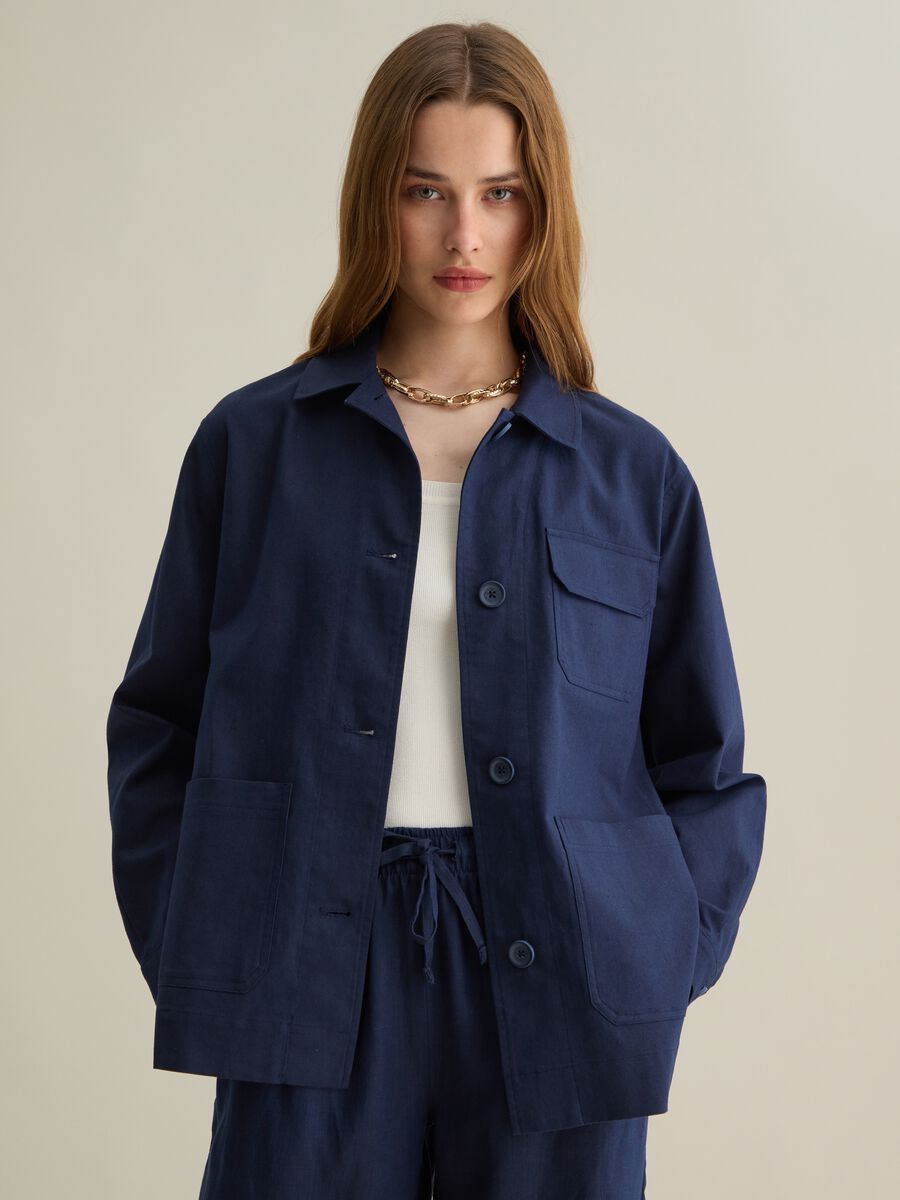 Women&rsquo;s blue regular-fit jacket in cotton and linen blend_0