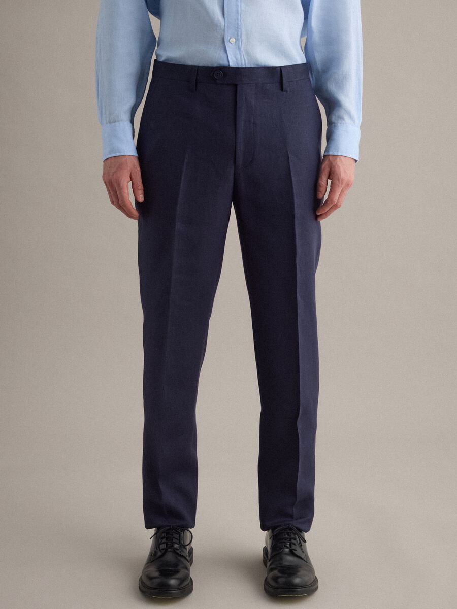 Pantaloni in puro lino blu slim fit_2