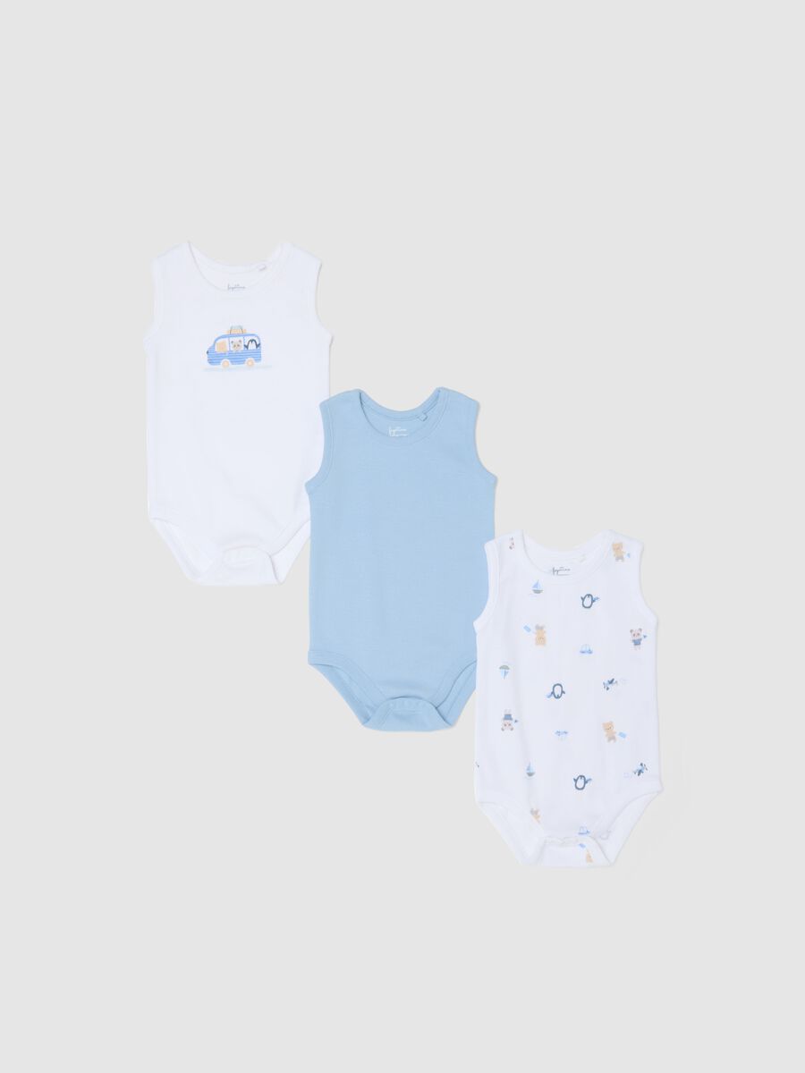 Multicoloured sleeveless bodysuit tripack in pure cotton for newborns_0