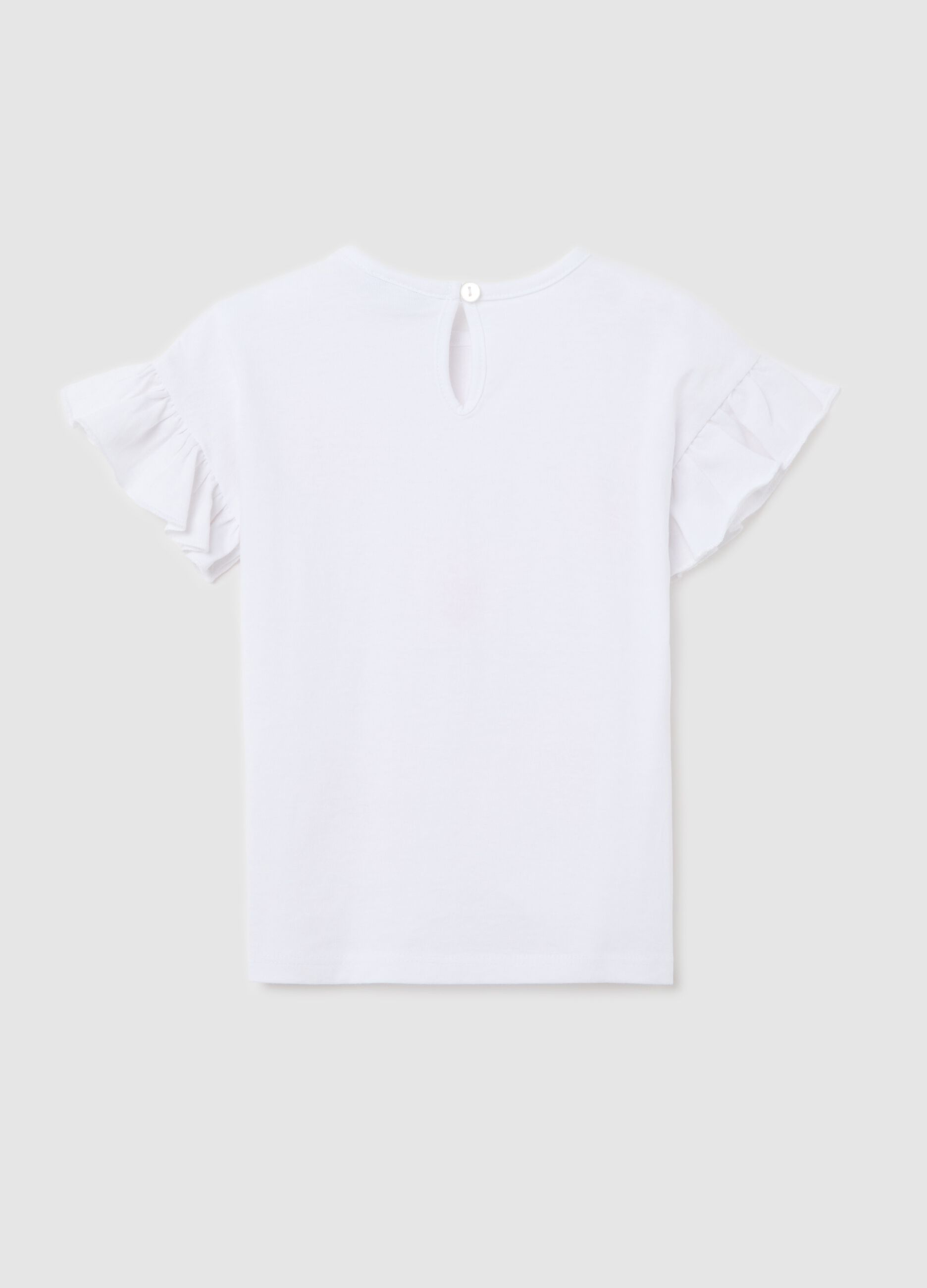 White T-shirt in cotton with print and flounce