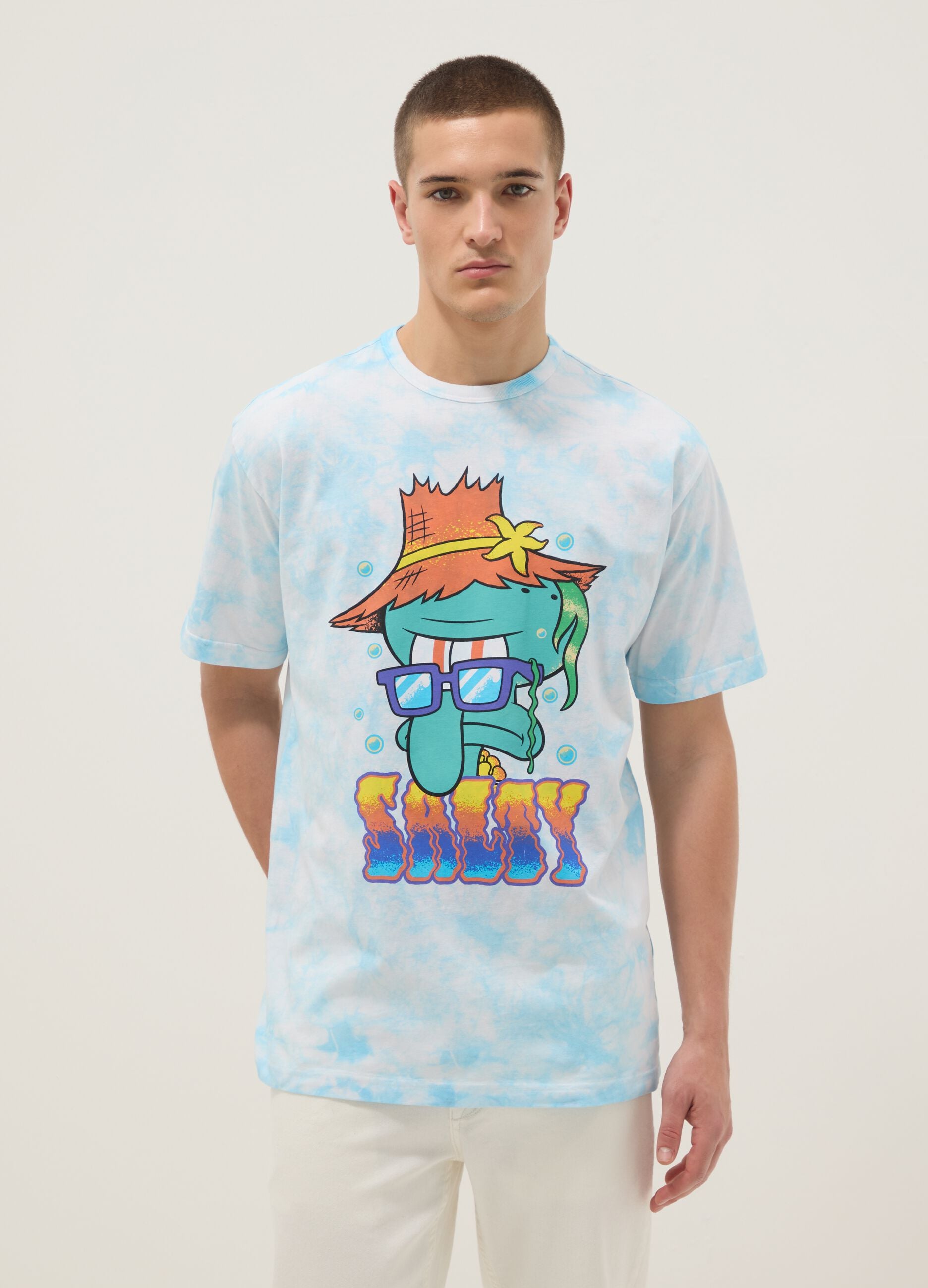 Regular fit sky blue pure cotton T-shirt with Squidward print