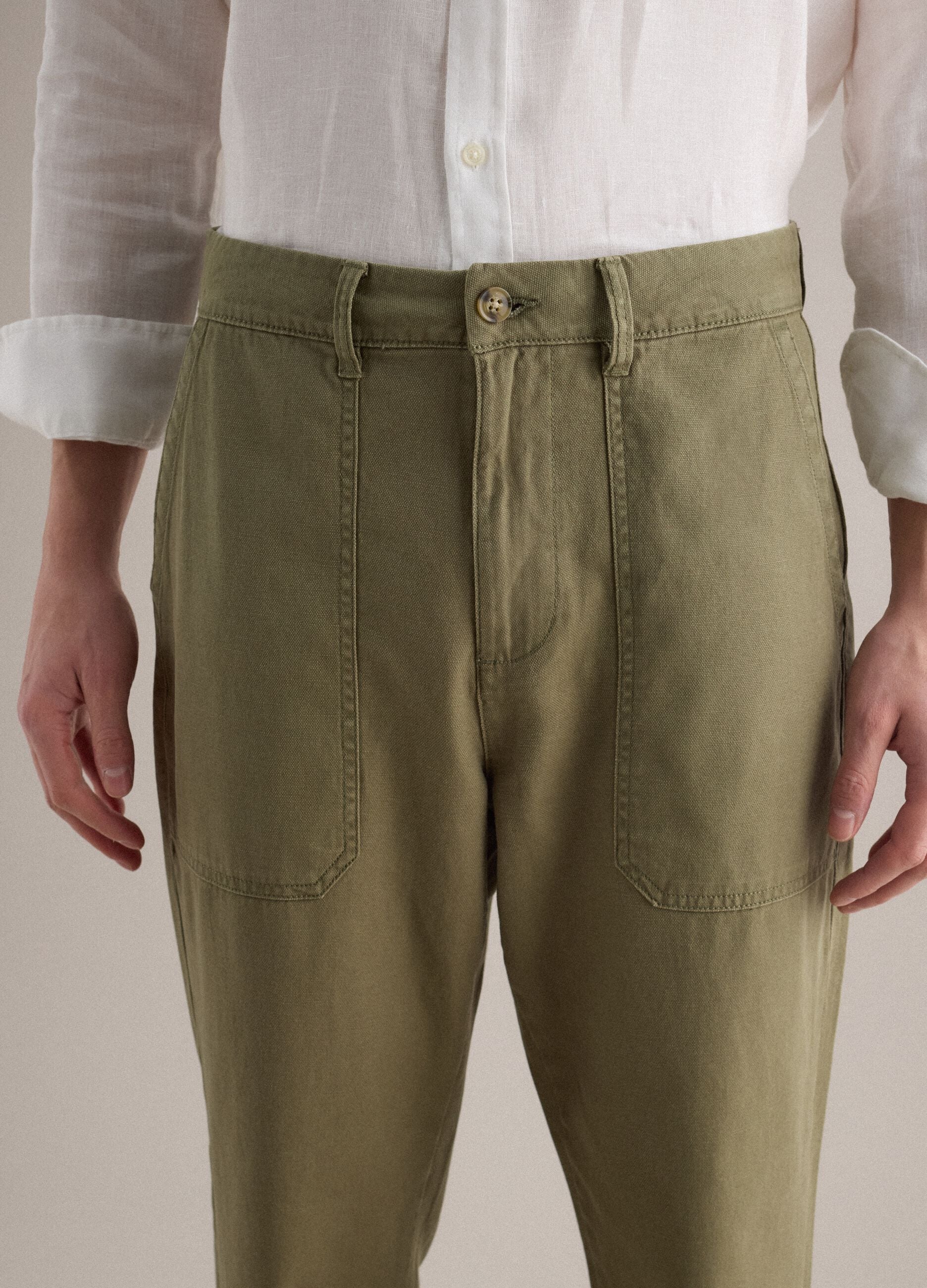 Green Cotton and Linen Trousers Regular Fit