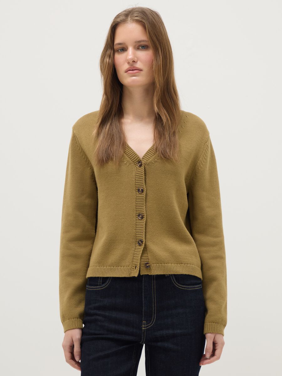 Cardigan verde con scollo a V in puro cotone regular fit_0