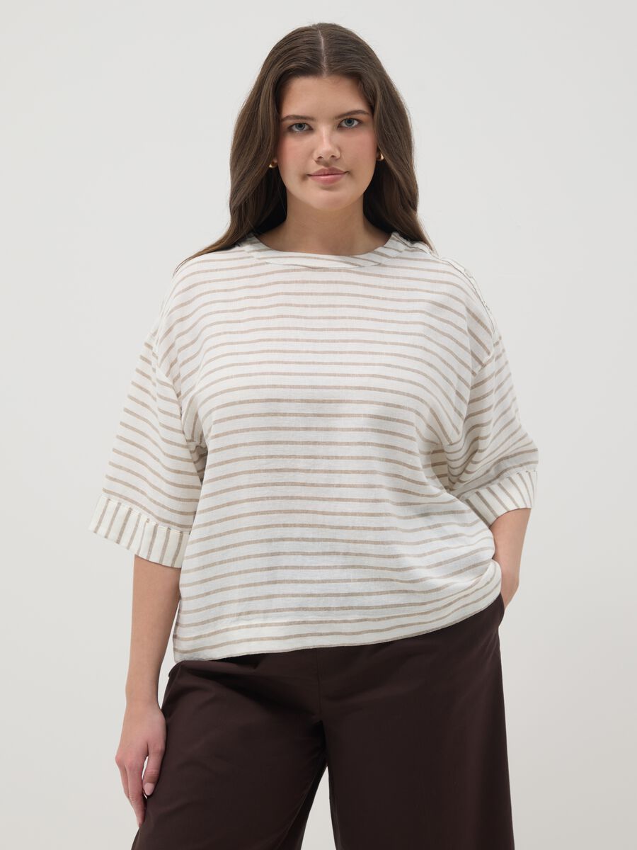 Multicolour striped linen blend regular fit t-shirt_0