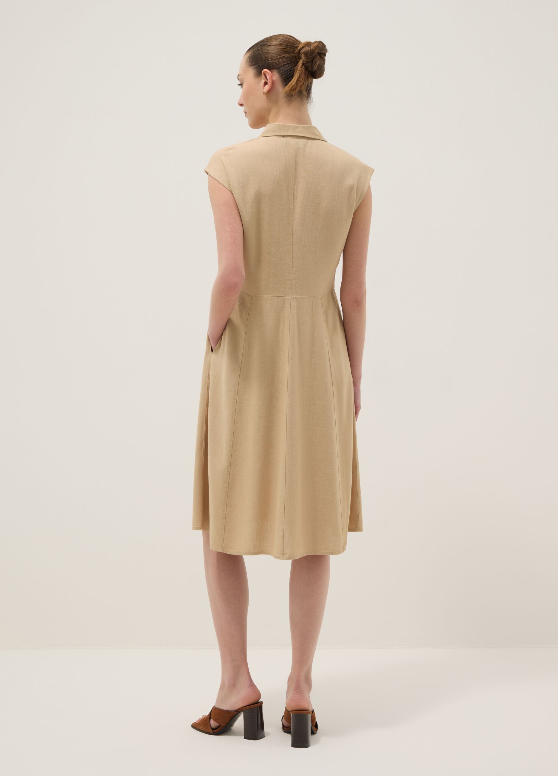 Beige viscose and linen-blend shirt dress, regular fit