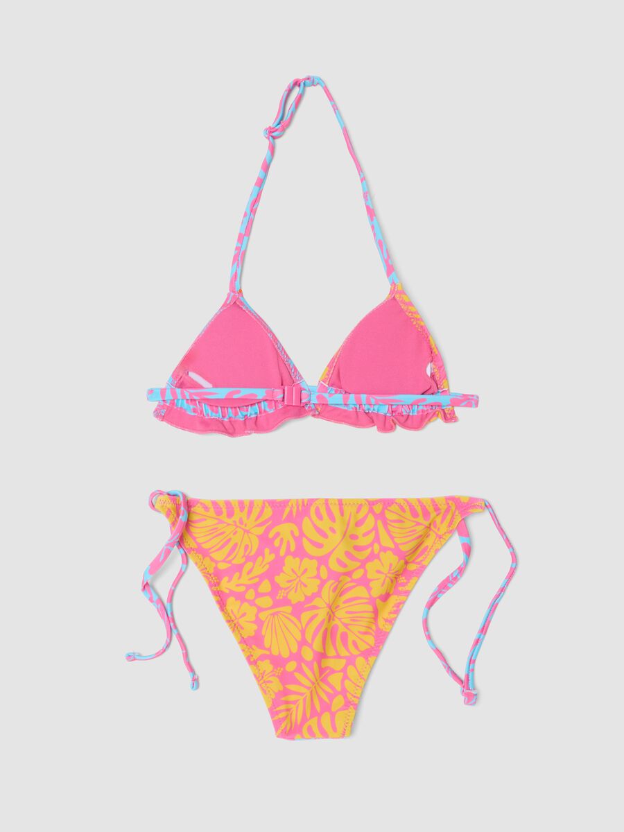 Bikini rosa in tessuto elasticizzato con stampa tropicale_1
