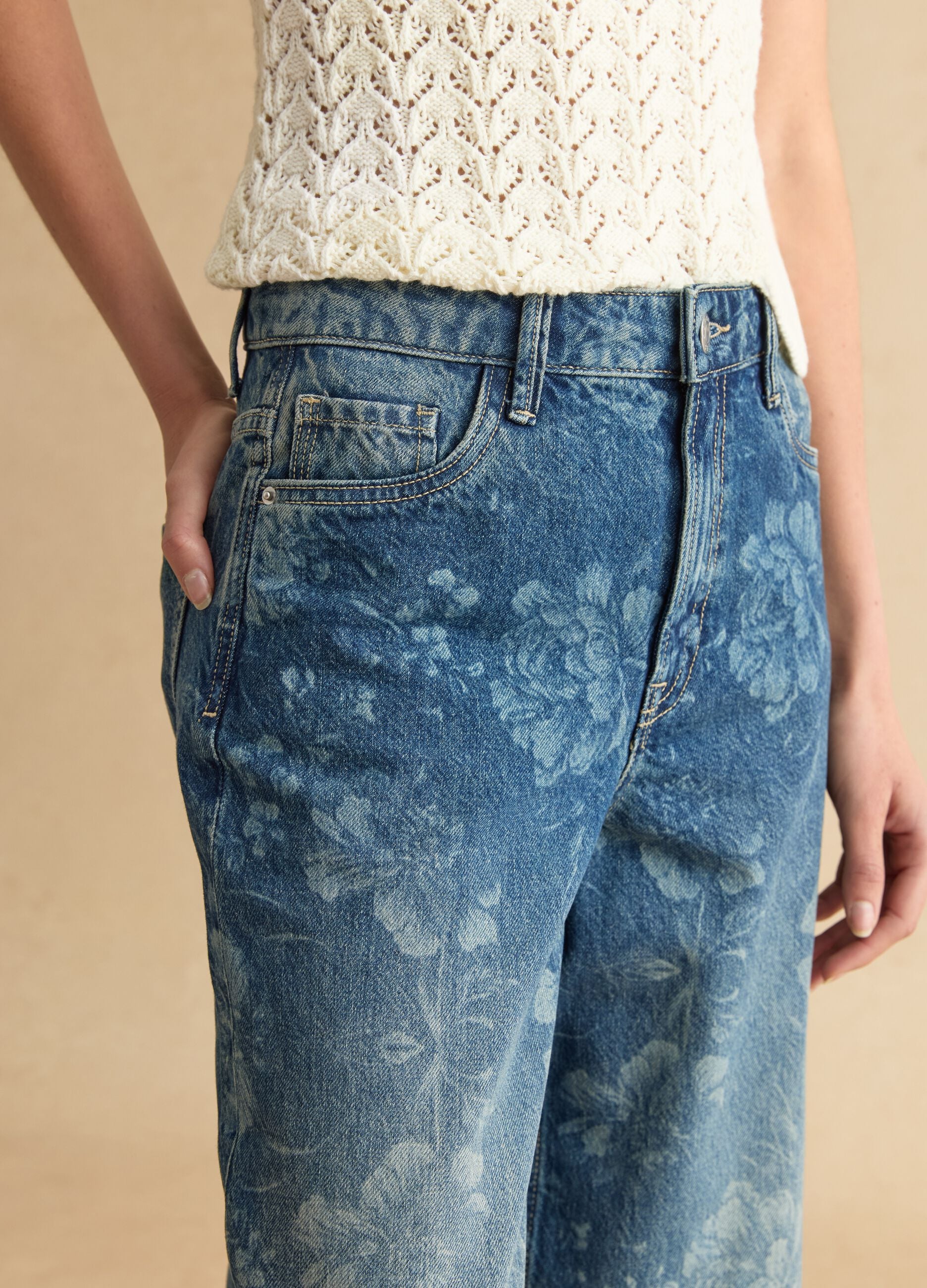 Wide leg blue denim pure cotton jeans with floral design