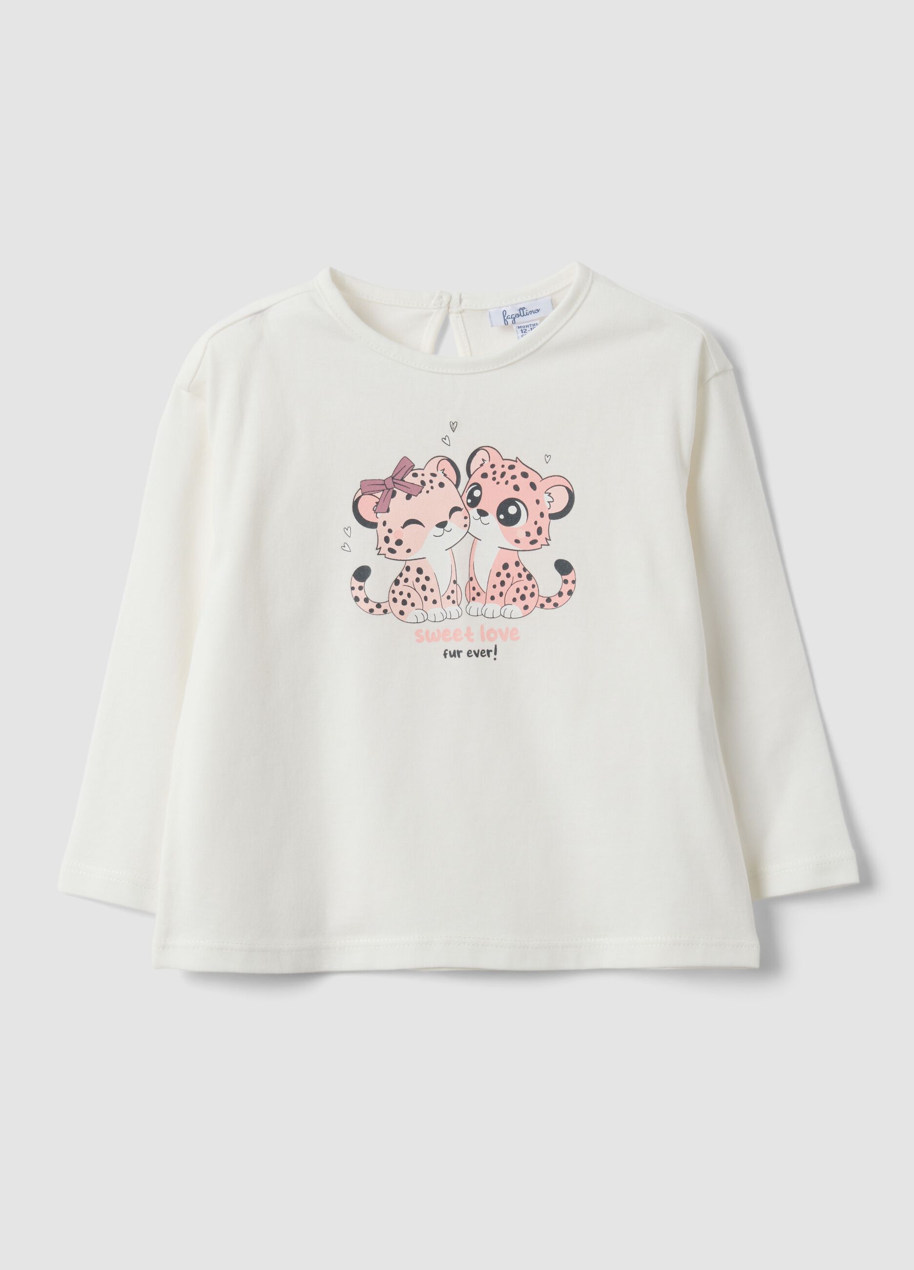 White organic cotton long-sleeve printed T-shirt for baby girl