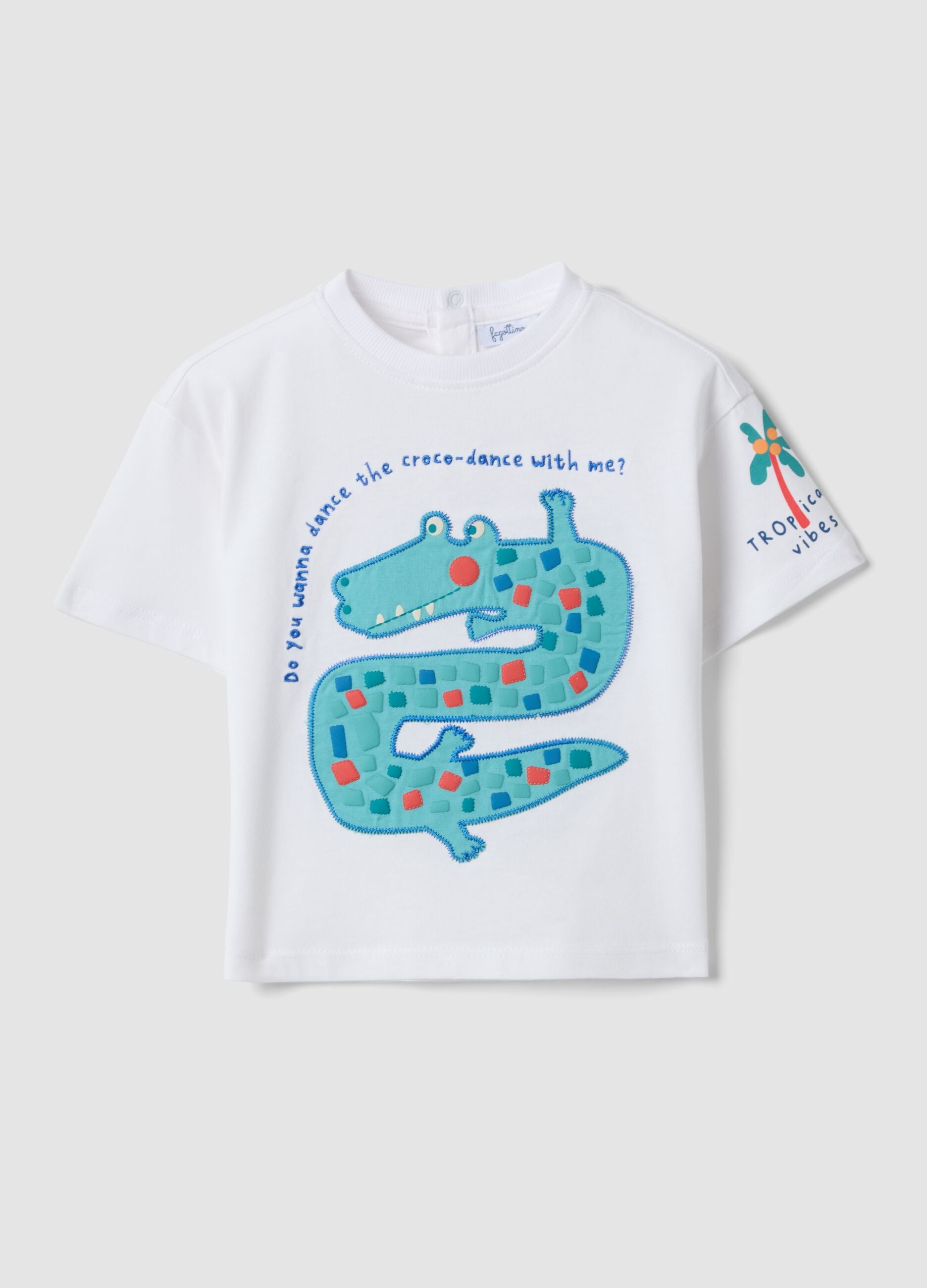 White short-sleeve pure cotton T-shirt with crocodile print for baby boy, oversized fit