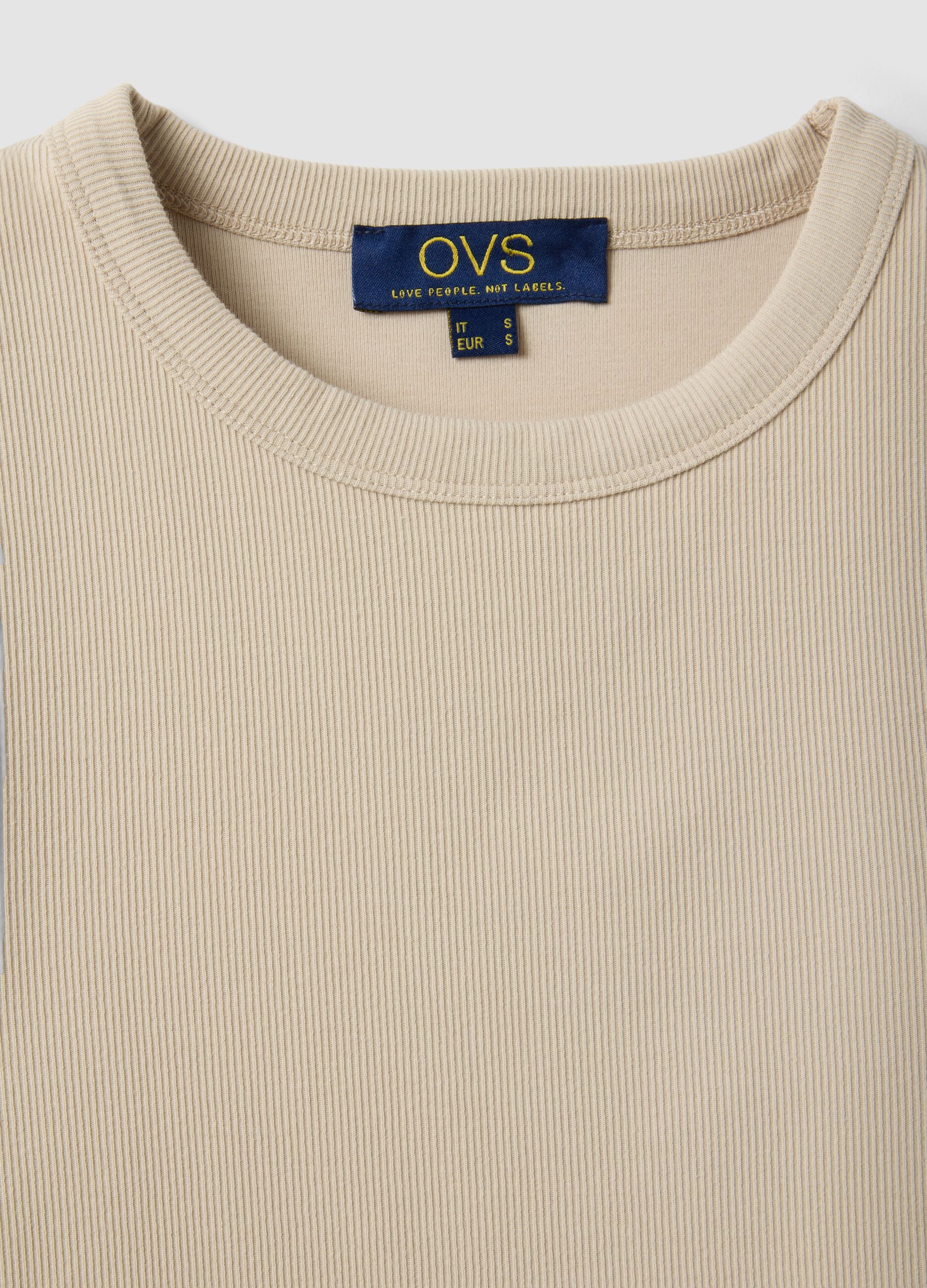 Beige fitted short-sleeve stretch cotton T-shirt