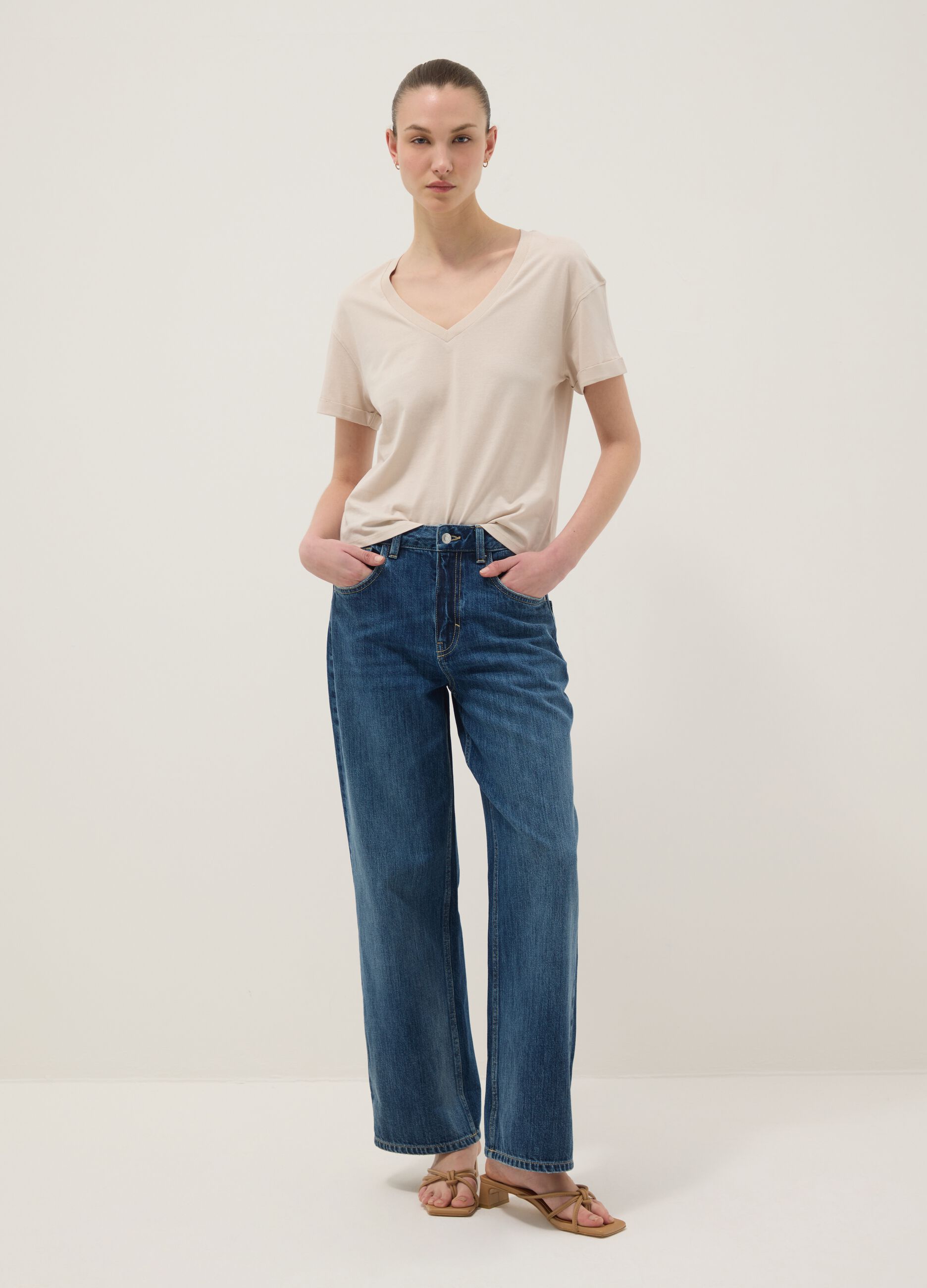 Beige pure cotton relaxed-fit V-neck T-shirt
