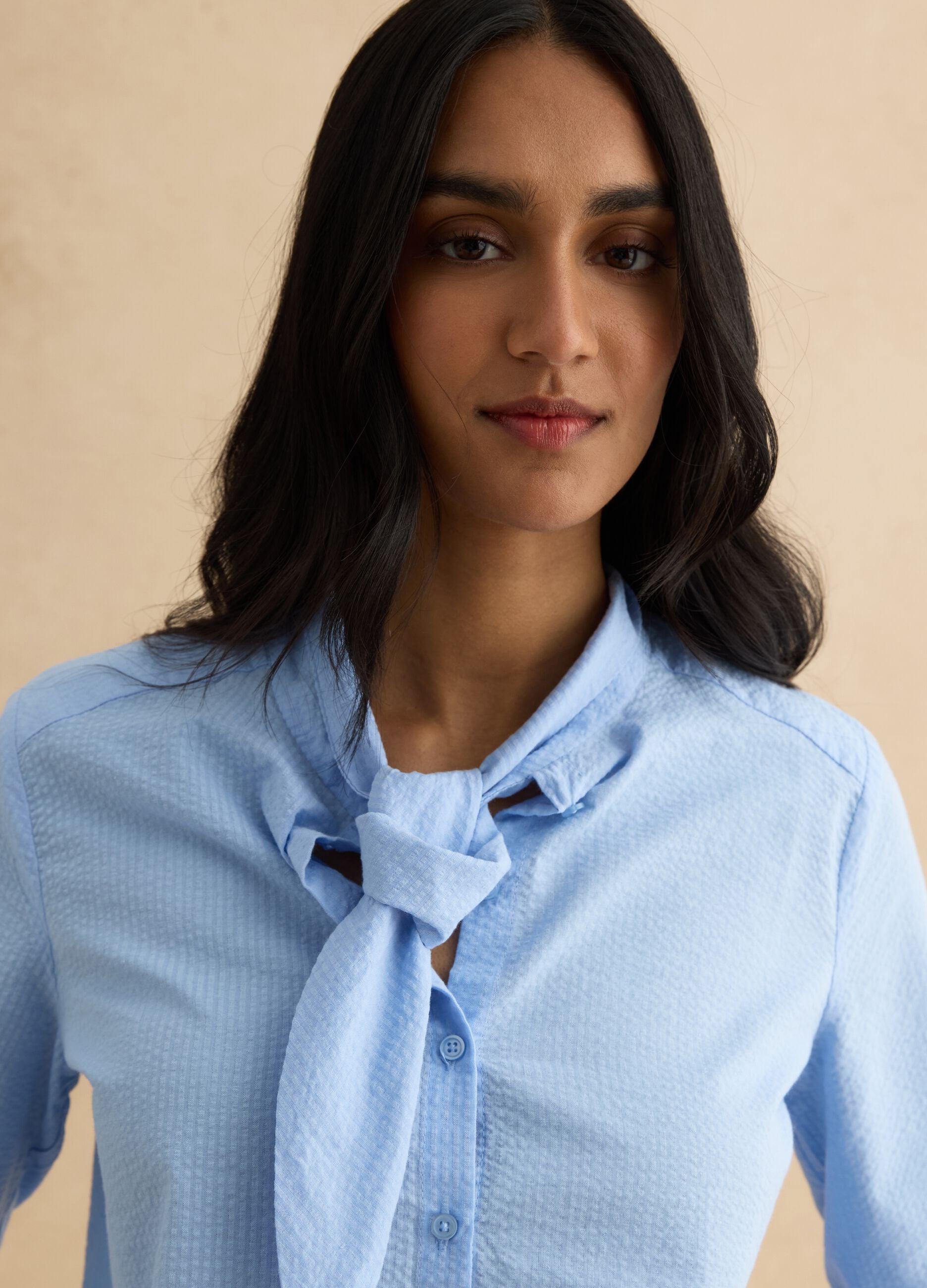 Pure cotton light blue regular fit shirt with bow collar