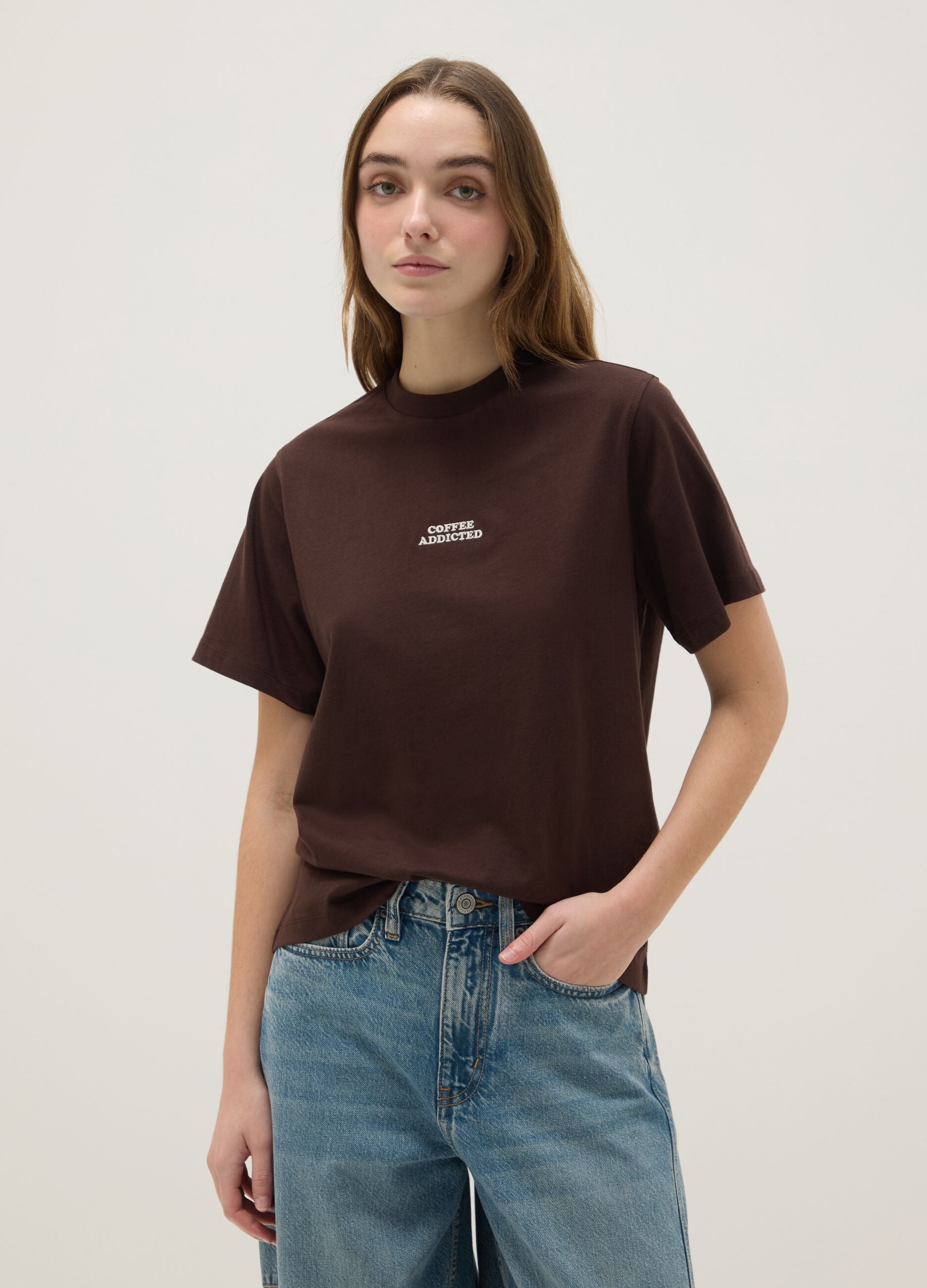 Brown pure cotton regular fit t-shirt with print