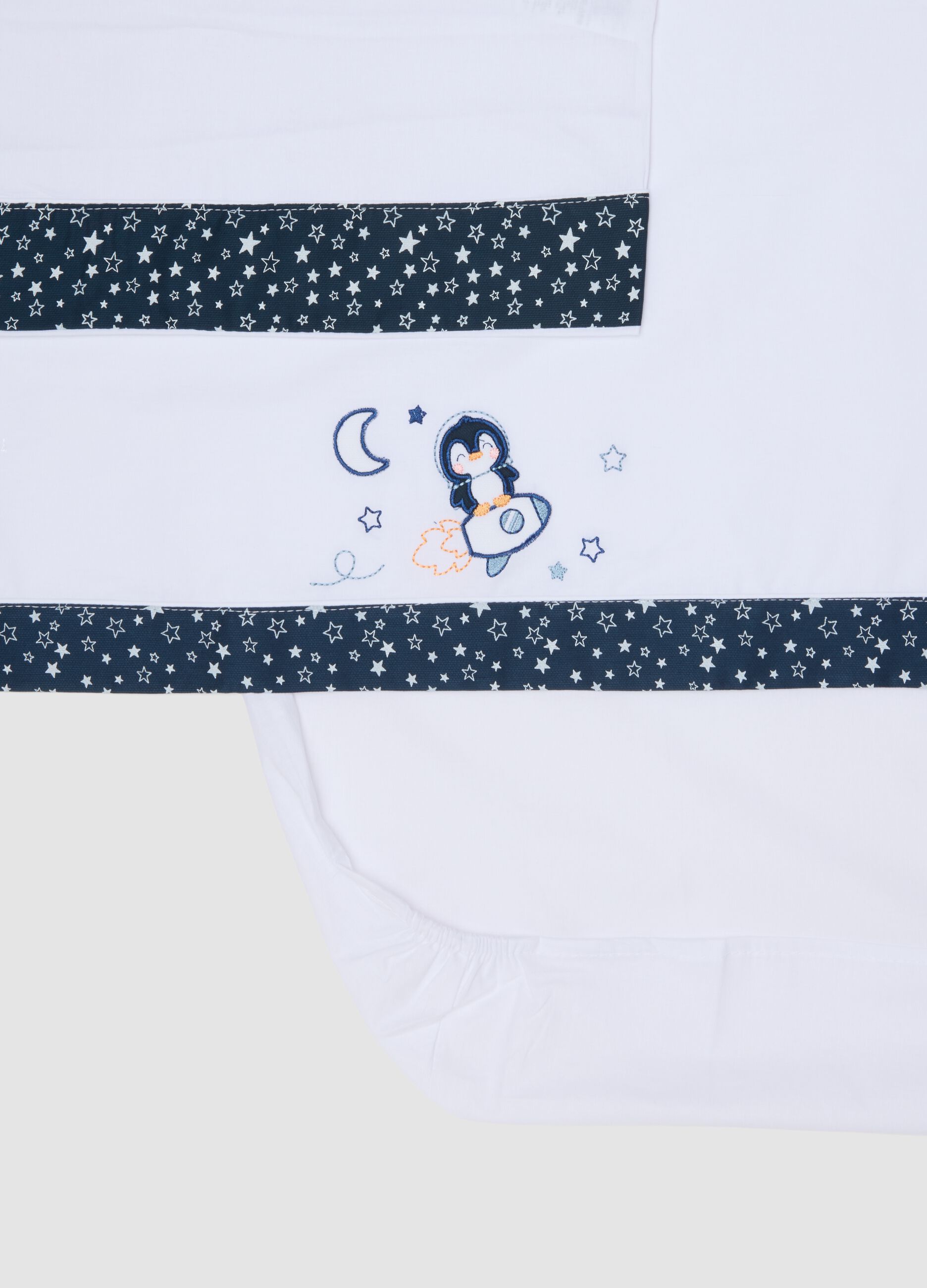 White and blue pure cotton baby sheet with penguin print